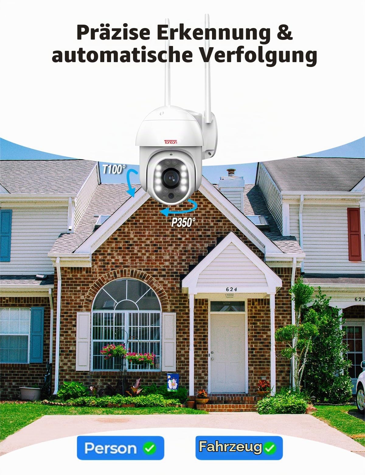 TONTON PTZ Überwachungskamera Aussen WLAN, 1080P IP Kamera Outdoor mit AI Mensch Bewegungsmelder, IP66 Wasserdicht, Automatische Verfolgung, 30M Farbe Nachtsicht, Zwei-Wege-Audio, Multi-User-Sharing