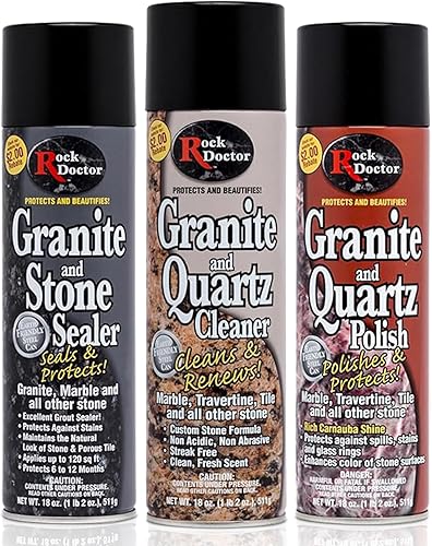 Rock Doctor Kit de cuidado de granito y cuarzo, kit combinado de mantenimiento de 3 piezas para el cuidado de la piedra – Limpia y renueva mármol,