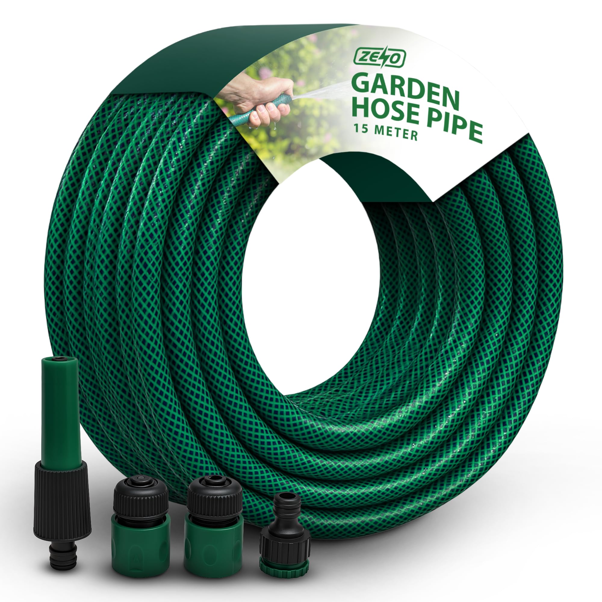 ZENO Reinforced Garden Hose Pipe with Spray Nozzle Fittings, 15M Garden Hose, Wear and Tear Resistant, Leak and Burst Proof, Kink Free, Easy Storage
