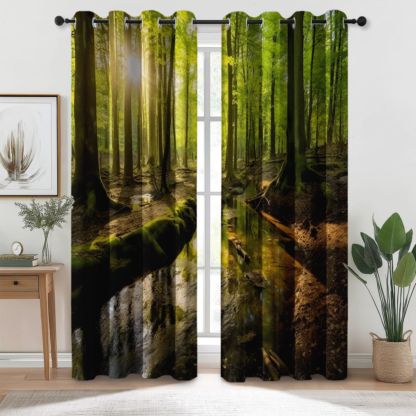 Krajobraz wiejski las strumień zasłony zaciemniające 168 x 229 cm (2 panele), przelotki, izolacja termiczna, zasłony okienne, zielone – blokowanie światła, zasłony redukujące hałas do salonu i