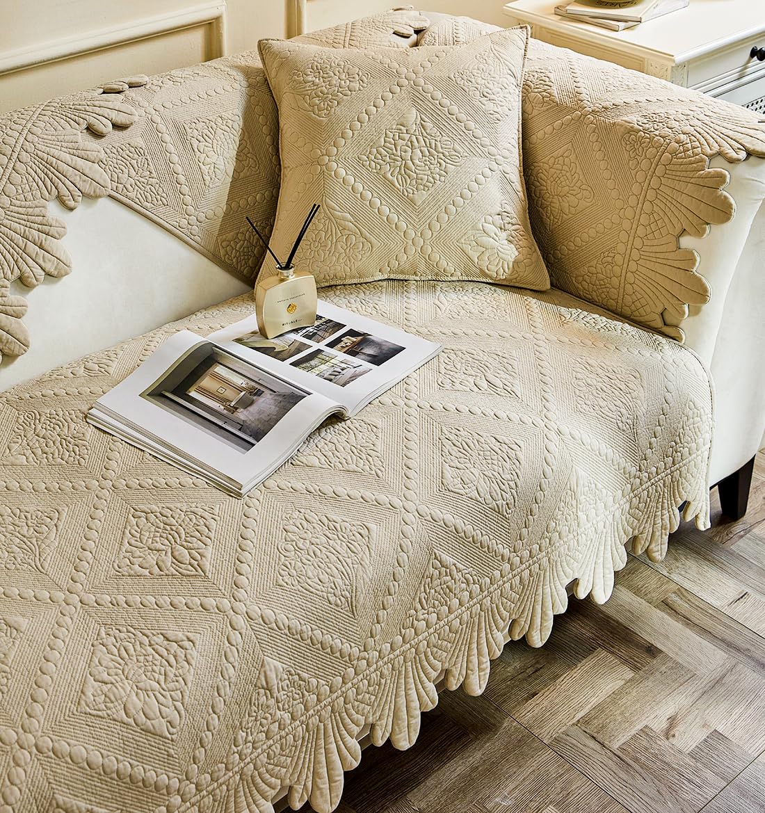 vctops Neutral Cotton Quilted Couch Sofa Cover Floral Embroidery Non-Slip Sectional Couch Covers Soft Cozy Sofa Slipcover for Dogs Cats Pet Armrest