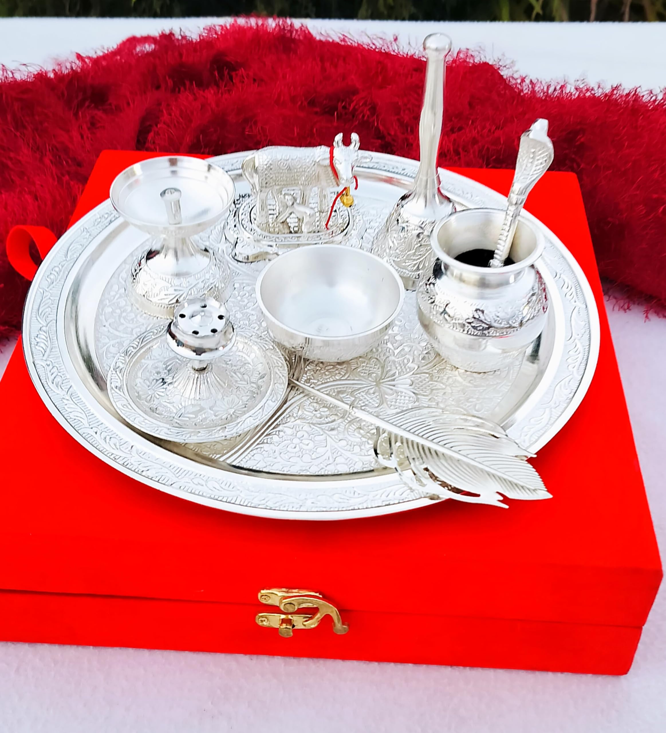 indiancraftsbykanika german silver fully craved pooja thali set of 9 pieces for housewarming/diwali pooja