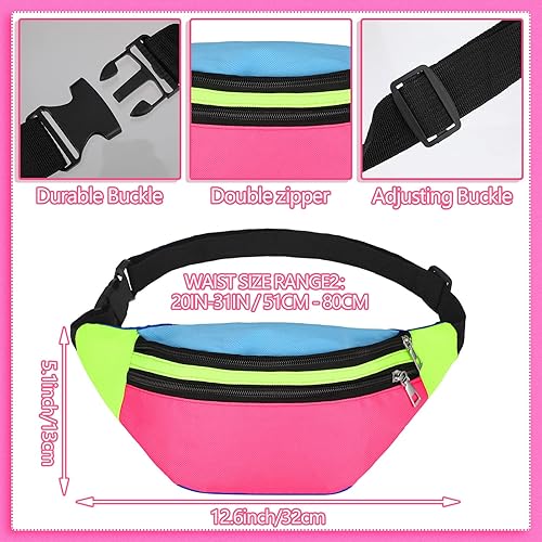 Miniatura 2 de Riñonera de neón de los años 80 y 90 para mujer, ajustable, retro, con dos bolsillos, bolsas de cintura ligeras, impermeables, para viajes, correr