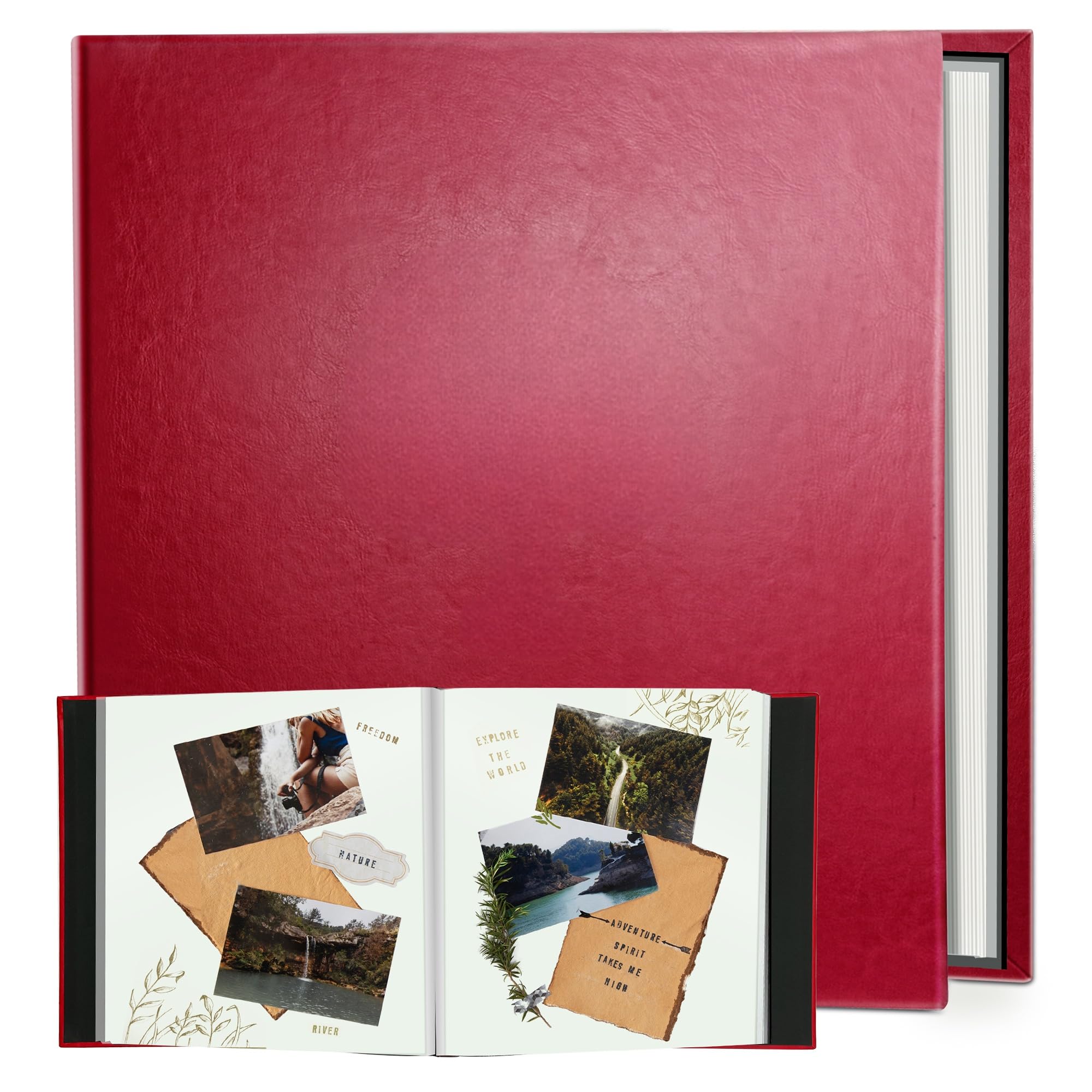 Rdylymx Photo Album Self Adhesive Scrapbook 5x3 6x4 7x5 8x6 10x8 A4 Pictures Length 12.8x11 Inch 40 Pages Leather Cover DIY Photo Album with A Metallic Pen for Family Travel Wedding Baby Pet (Red)