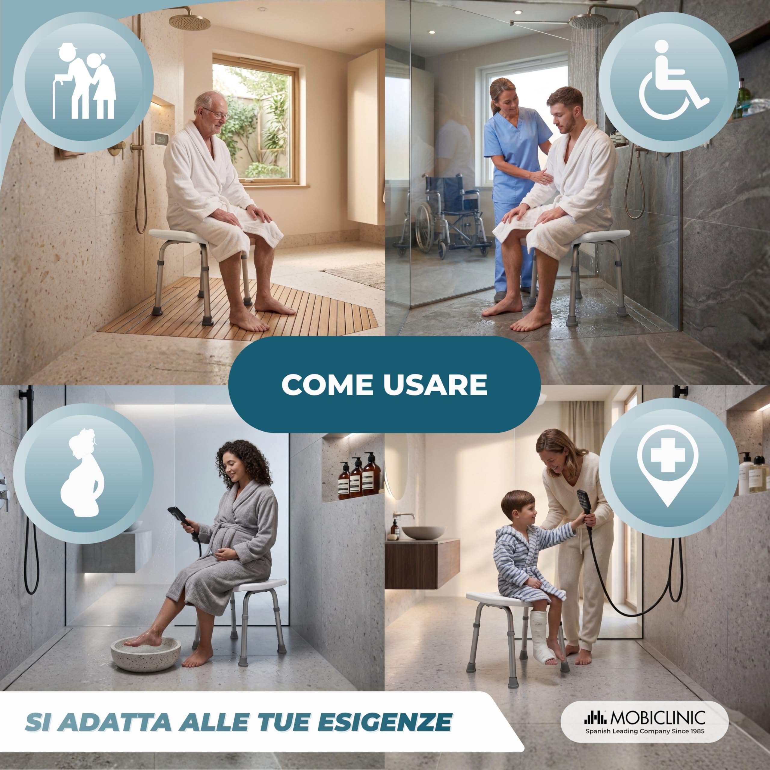 Mobiclinic®, Sgabello da Bagno, Piedini Antiscivolo, 7 Altezze Regolabili, Sedile a Forma di U, Fori di Drenaggio, Portata Massima 100 kg, Leggero, Facile da Montare, Alluminio, San Fermín
