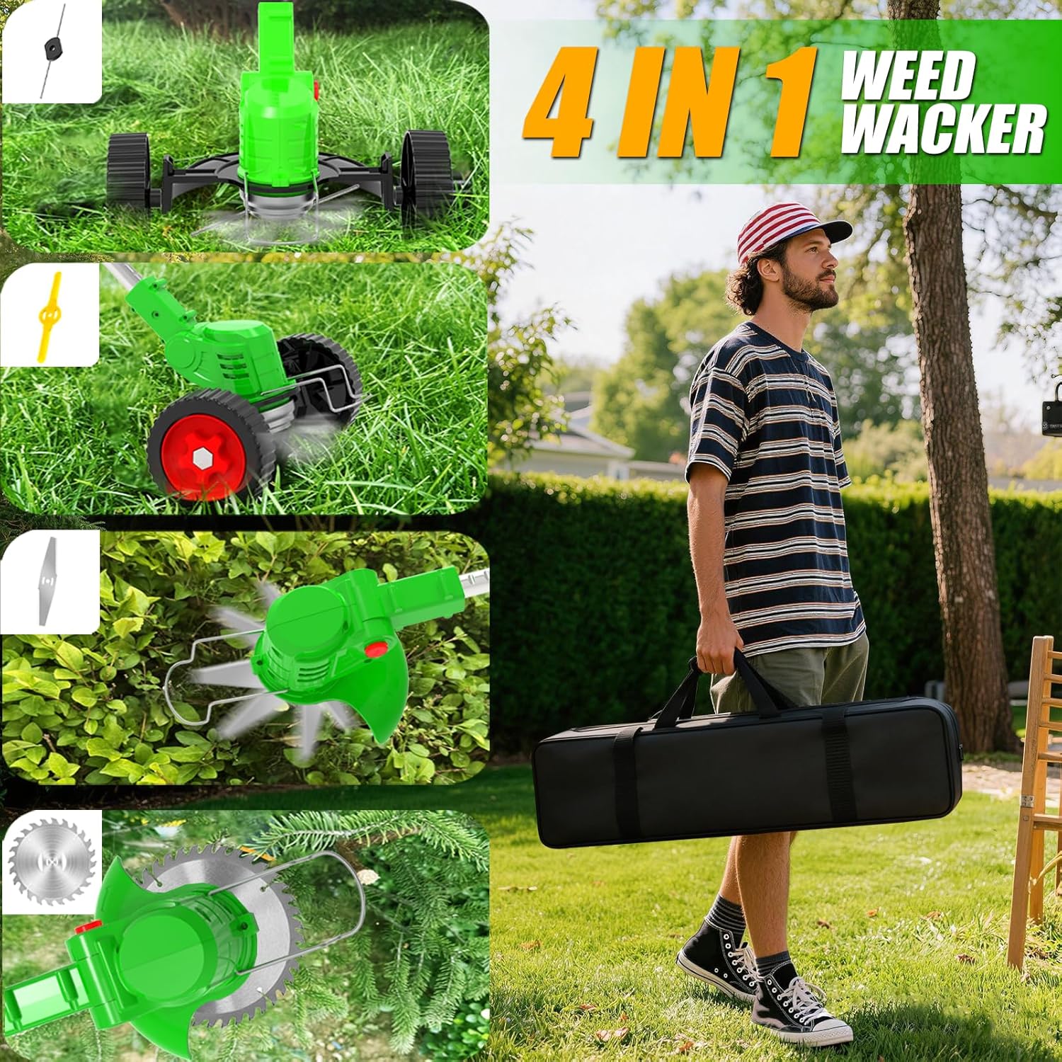 Cordless Electric Weed Wacker Eater 21V Battery Powered Stringless Weed Trimmer with 4 Types Blades & Wheels, 3-in-1 Grass Trimmer/Lawn Edger/Brush Cutter, Lightweight Garden Tool for Garden Yard