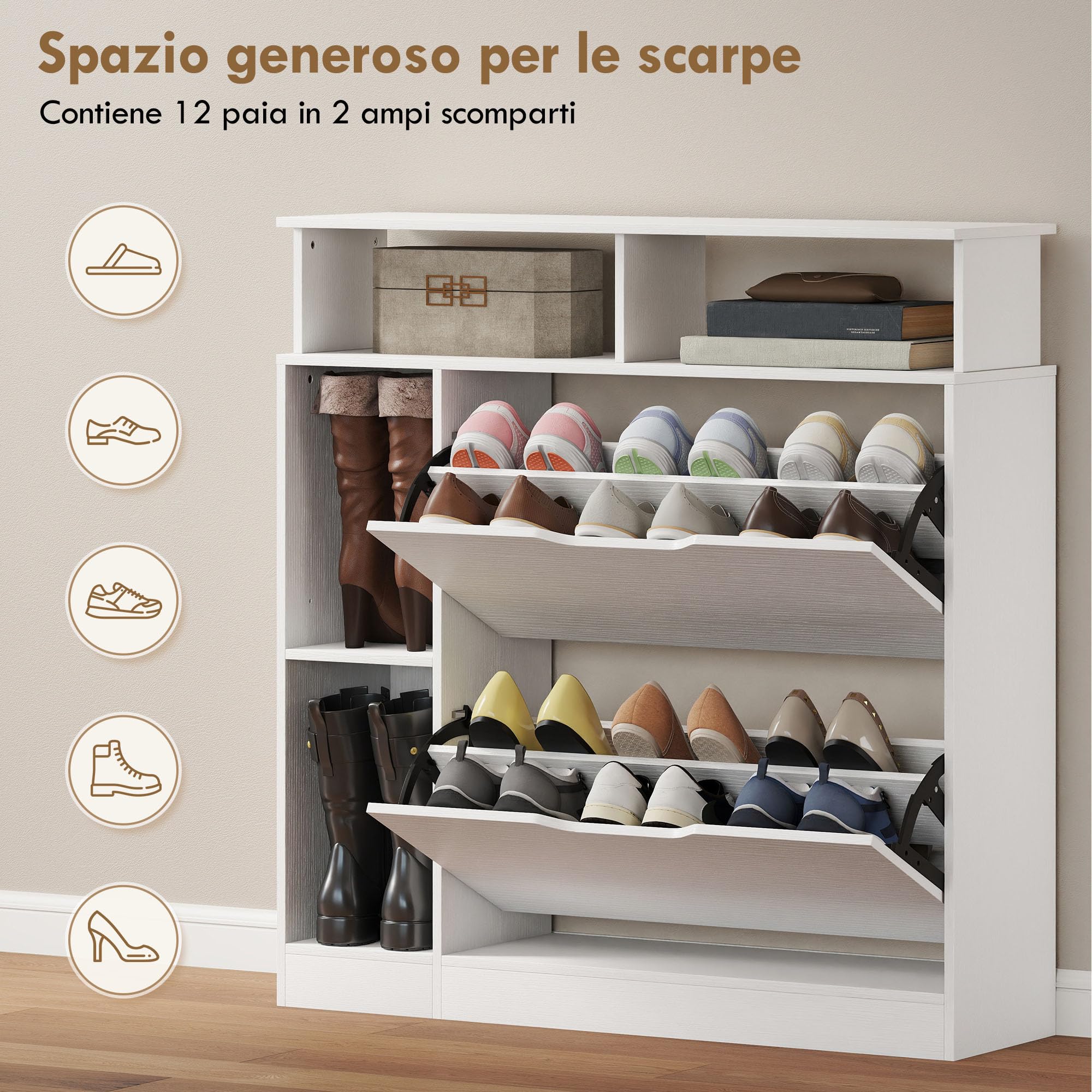 HOMCOM Scarpiera Salvaspazio Slim con 2 Ante a Ribalta, Scarpiera Ingresso con Ripiani Regolabili Rimovibili, Ripiani Aperti, Scomparto Laterale, Porta Scarpe in Legno con Maniglia, Bianco