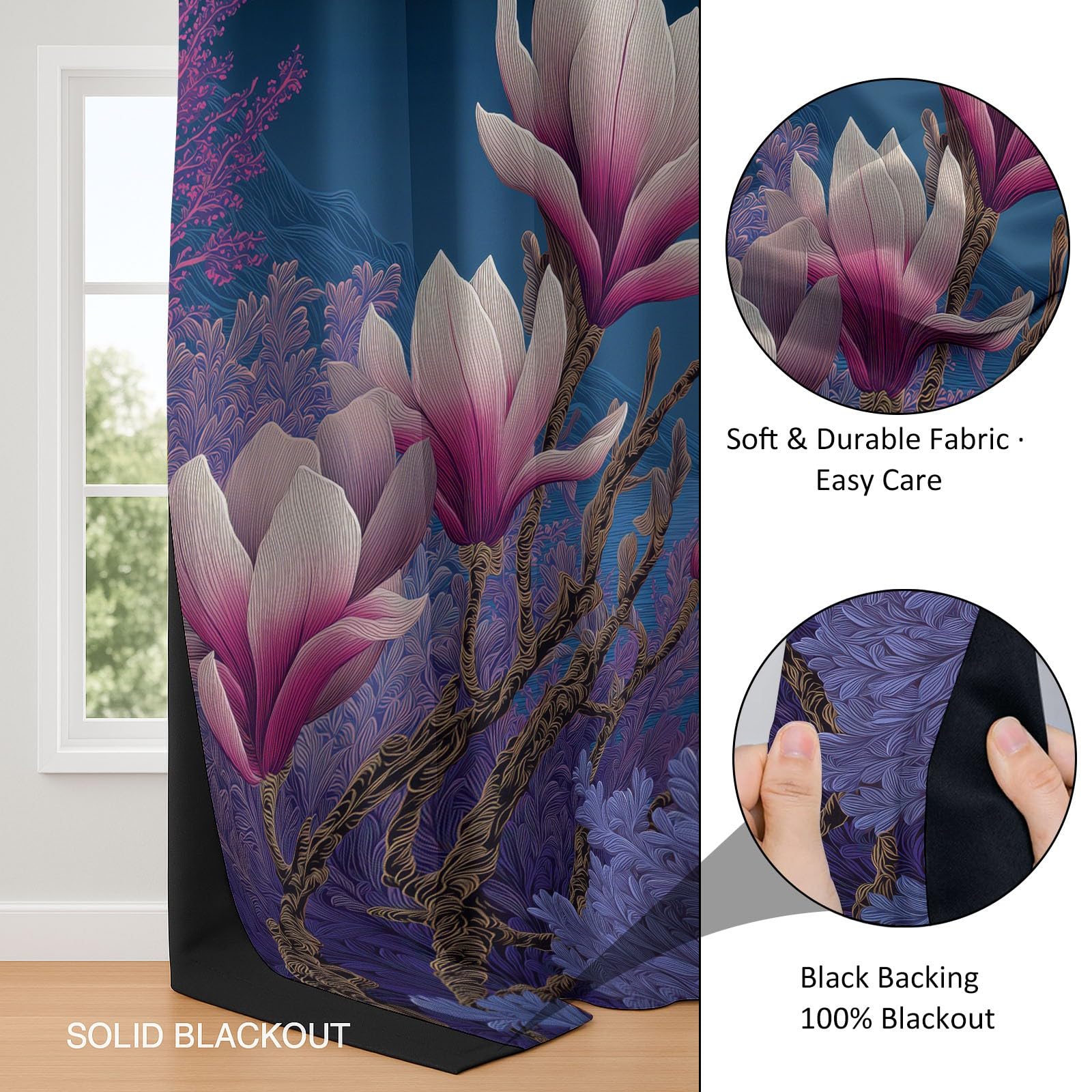 Zasłony zaciemniające 75 x 166 cm zestaw 2 sztuk, orientalny urok natura kwiaty magnolia zasłona zaciemniająca z oczkami do sypialni, redukcja hałasu, ciemnoniebieska