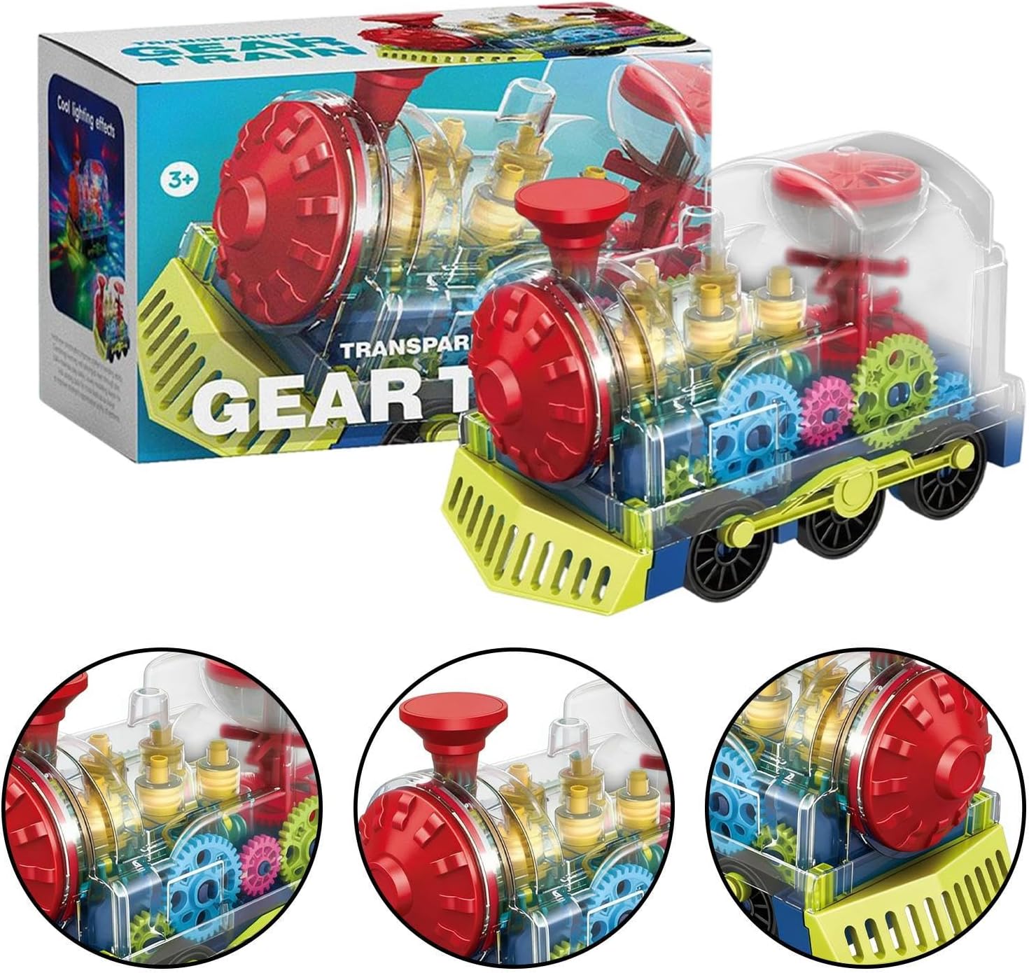 Electric Train Toy, Rotating Gear Vehicle, 6.89x3.94x4.84 Inches Kids Train with Light and Music, Sturdy Polymer Engine, Motion Toy with Transparent Gears, Learning Activity for Kindergarten and Home
