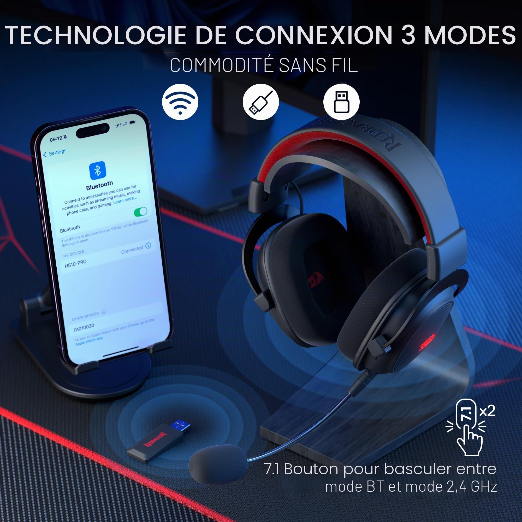 Redragon H510 Zeus X Casque Gamer sans Fil RVB 71 53mm USB Multi Plateforme | Casque gamer sans fil son 71 pilotes 53mm coussinets mousse memoire RVB alimente par USB multi plateforme