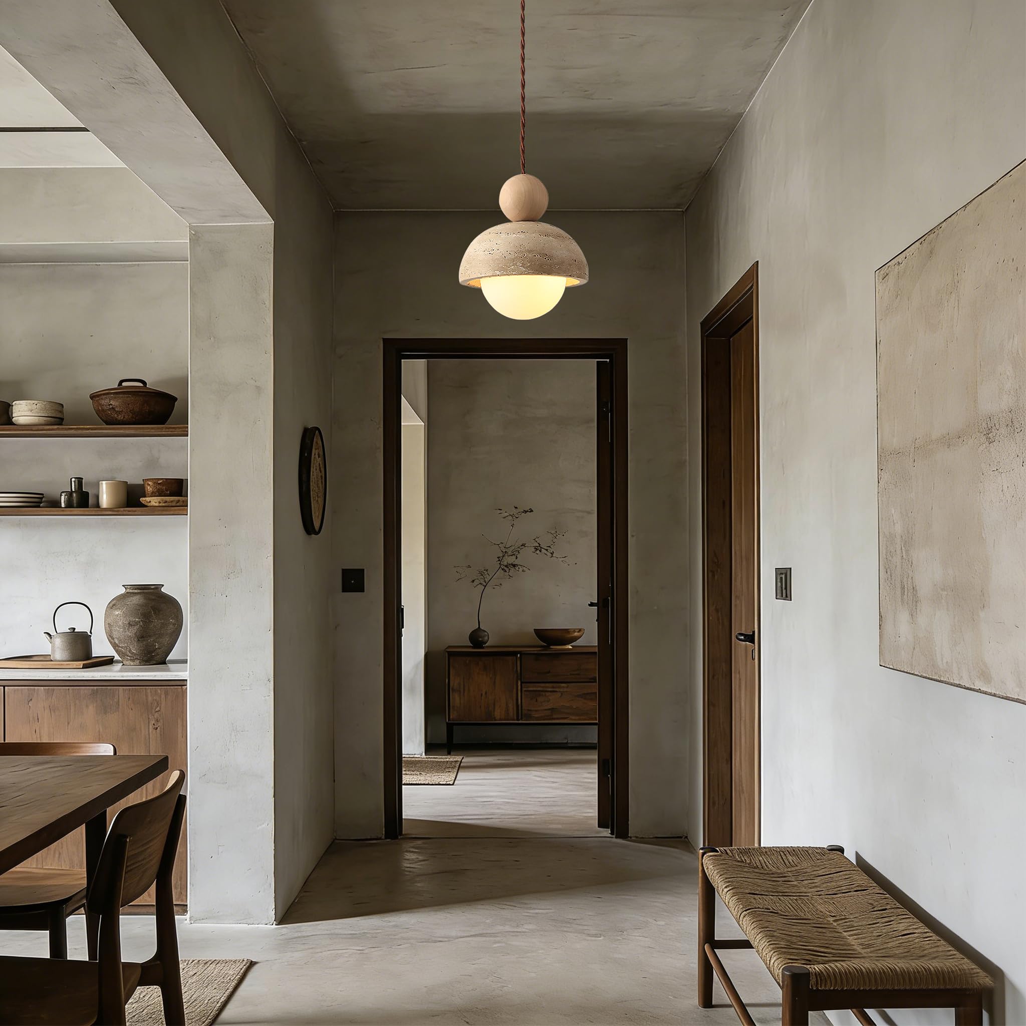 7W Lámpara colgante japonesa Wabi-Sabi de travertino amarillo con pantalla de piedra natural y luz colgante de madera G9, mini iluminación nórdica para cocina, isla y comedor