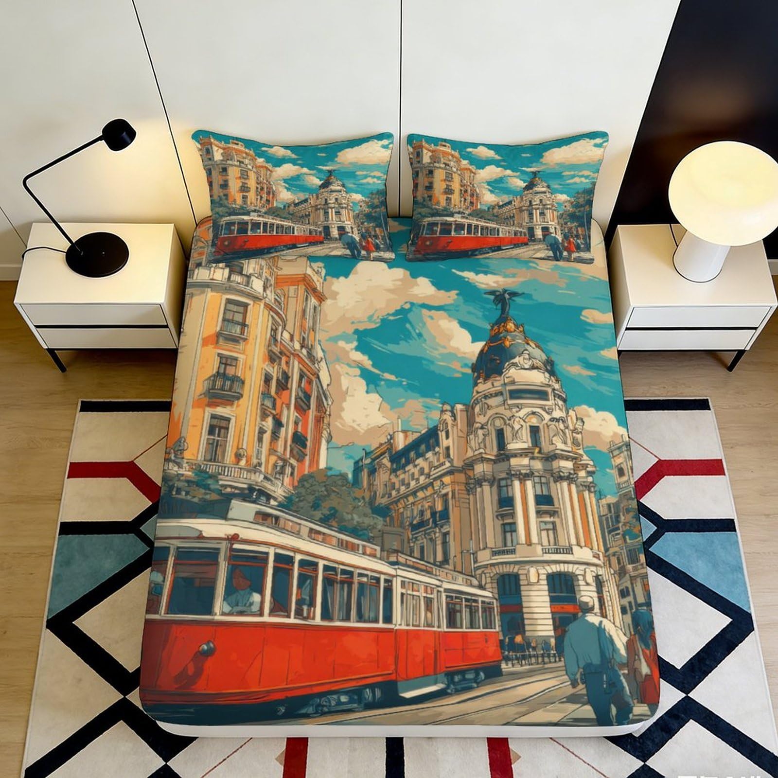 3D Printed Cityscape Tram Fitted Sheet Microfiber Urban Architecture Bed Cover Anti-Slip Washable for Bedroom Decor 120x200x25cm