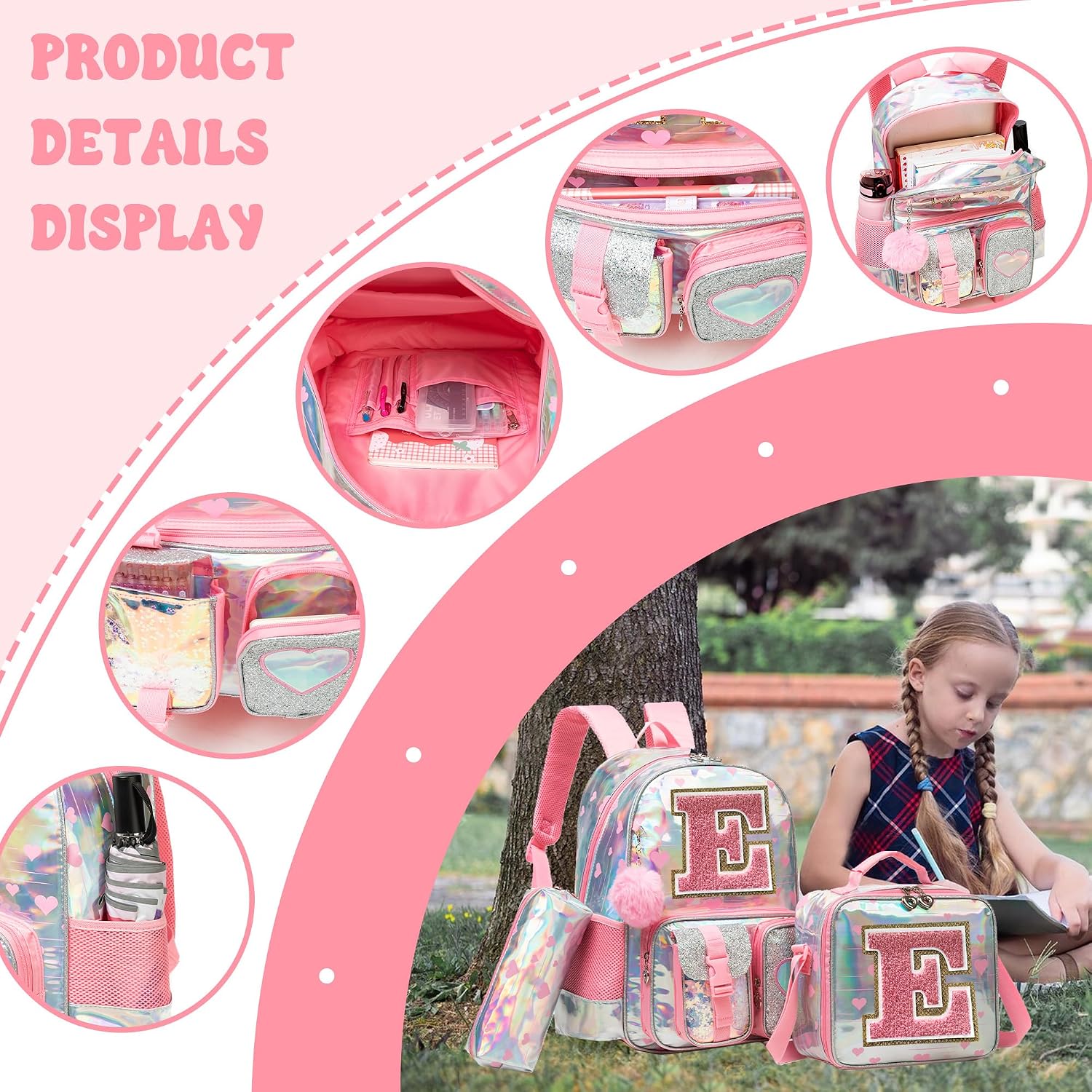 HTgroce Cute Backpacks for Girls School Backpack for Kids Backpacks for Elementary Primary School Bags for Girls Bookbags, Pink E Letter Backpack