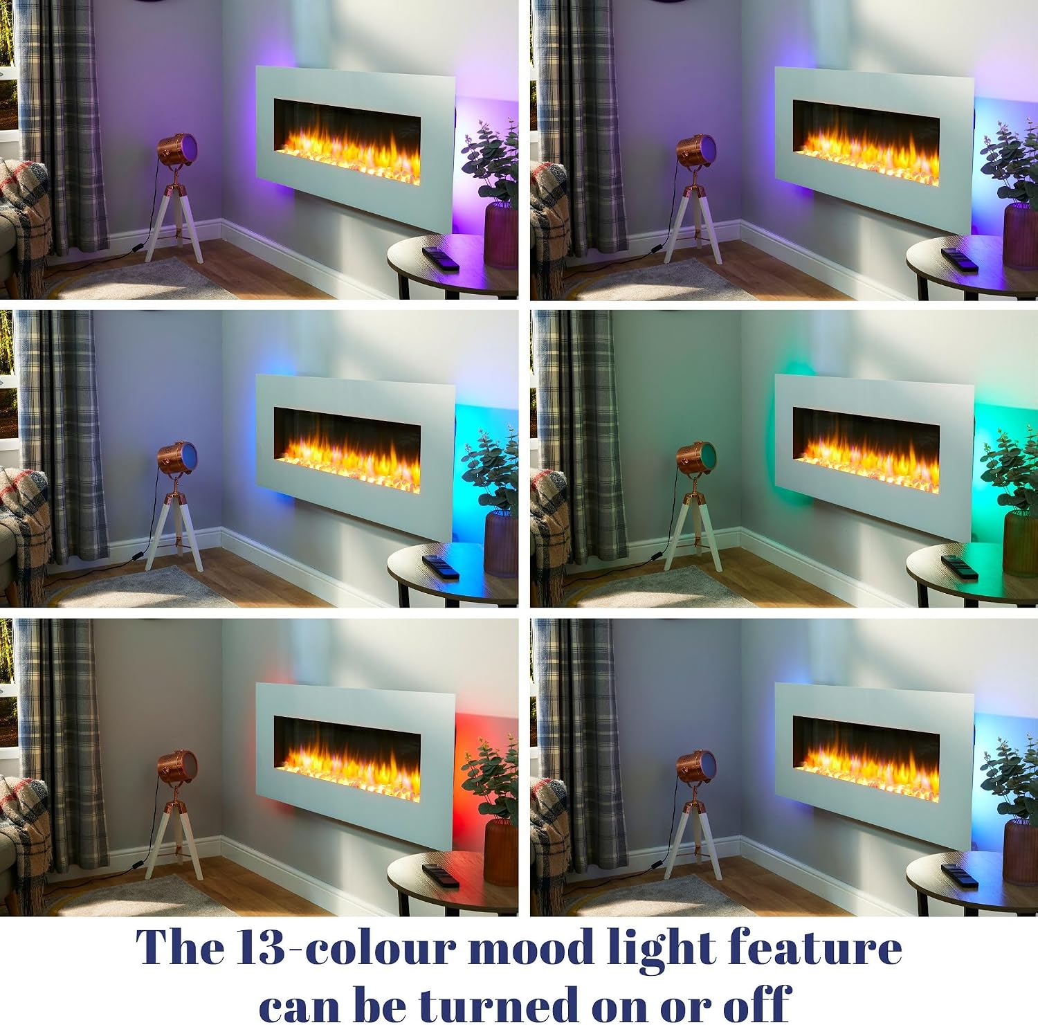 Endeavour Fires Cheminée Électrique Murale Noire Holbeck, 1&2kW, Chauffage avec Télécommande Programmable sur 7 Jours, Éclairage LED, Effet de Flamme 3D et Télécommande, Blanche. — vue 3