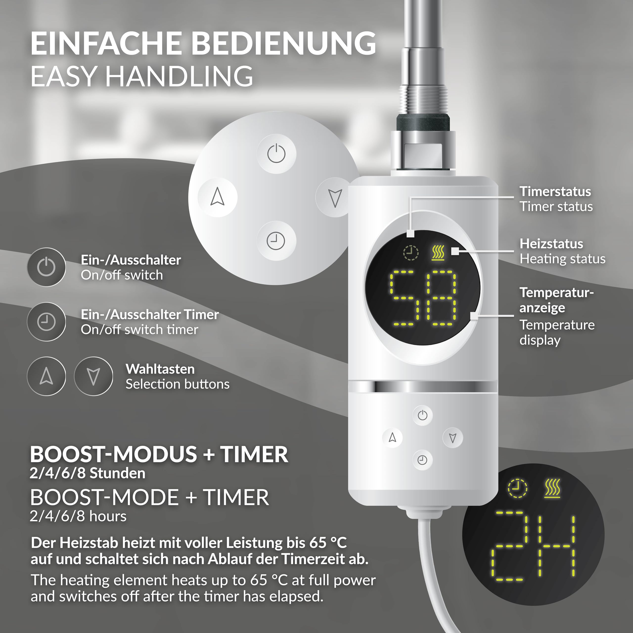 ML-Design Élément Chauffant Blanc 900W avec Thermostat et Écran LCD Résistance Électrique pour Radiateur Salle de Bain avec Interrupteur Marche/Arrêt Mode Minuterie Régulateur de Température