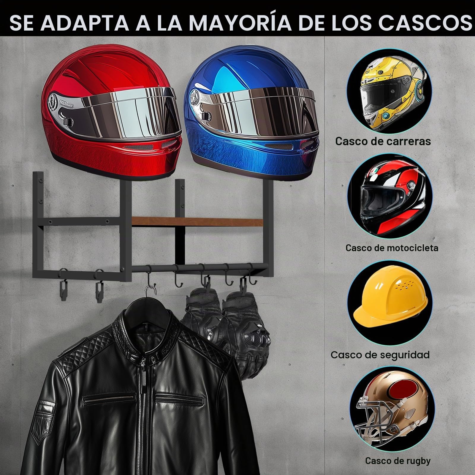Soporte de pared moto para casco, colgador casco moto pared Perchero con tablas de capas de madera, 2 soportes para casco, fútbol y equipo de ciclismo, Marrón oscuro
