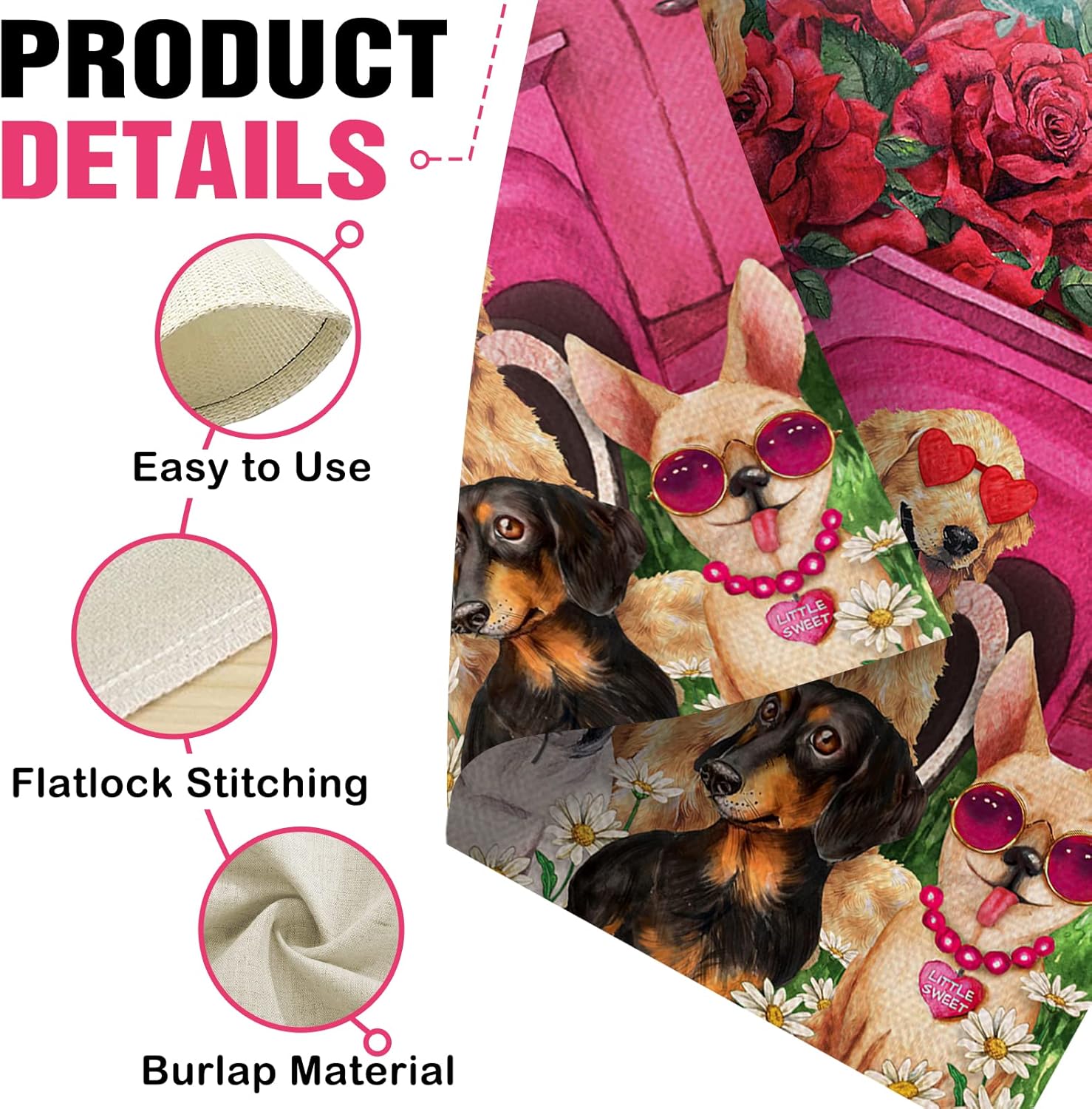 Dyrenson Valentine's Day Pink Rose Flower Red Truck Dogs Decorative House Flag, Floral Garden Yard Plaid Heart Outside Love Decoration, Spring Holiday Wedding Anniversary Outdoor Large Decor 28x40 - Image 4