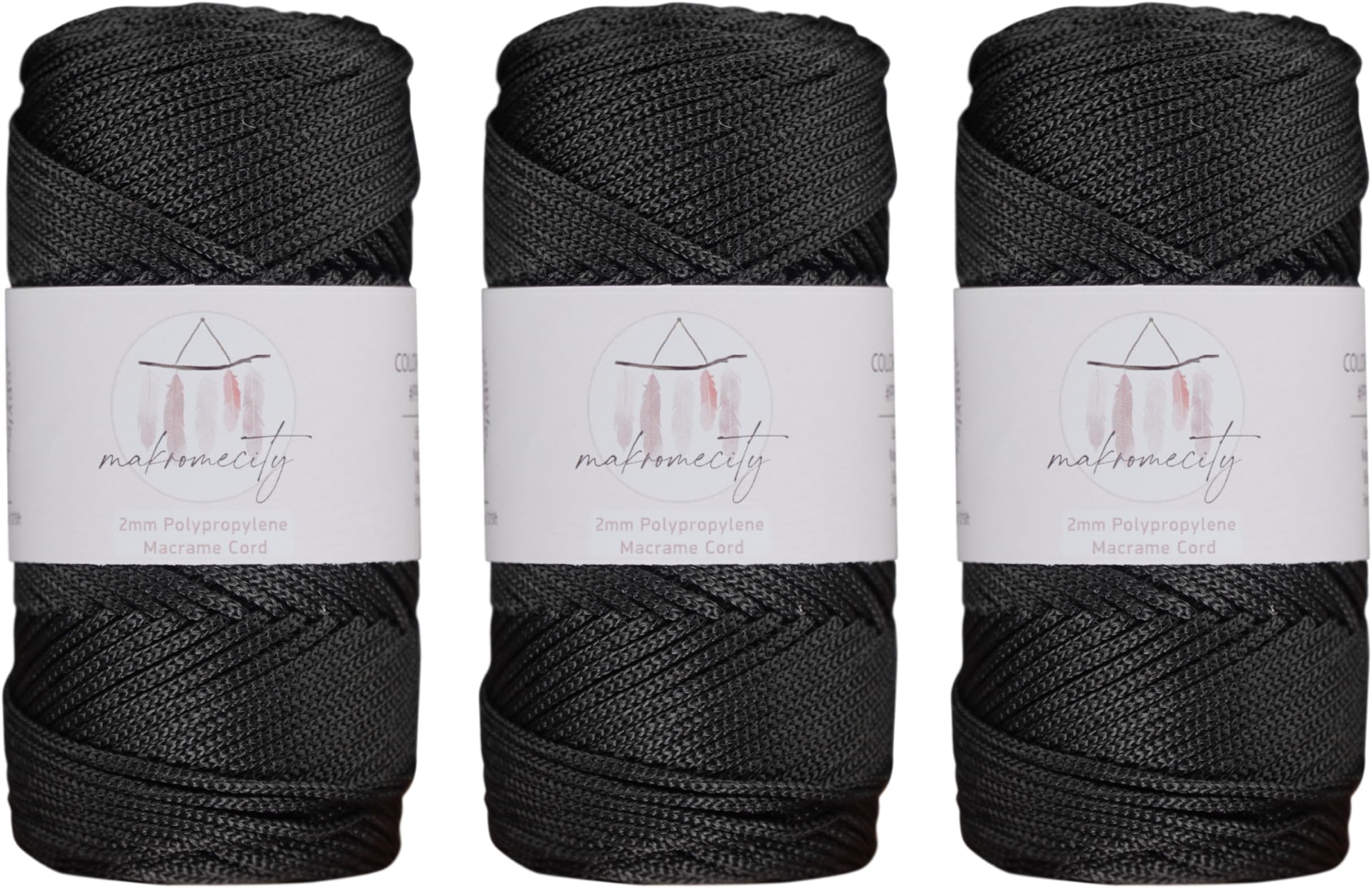 Makromecity, Polyester Macrame Cord 2mm x 125 Yards (375 feet) 2mm Polypropylene Macrame Cord Crochet Macrame Bag Cord Crafts for Wall Hangings, Bags, Underplate, Rug (3, Black)