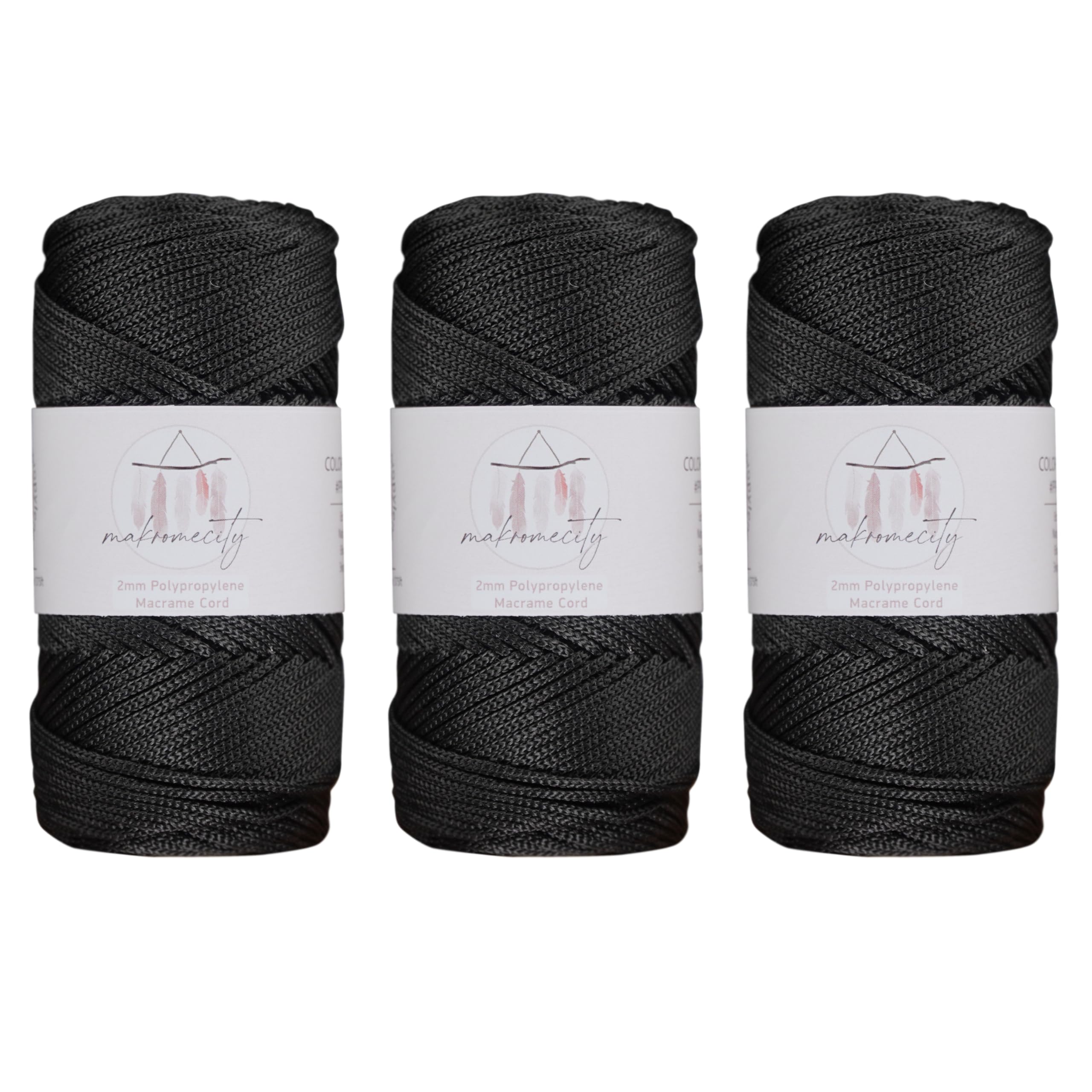 Makromecity, Polyester Macrame Cord 2mm x 375 Yards (1125 feet) 3 skeins of 2mm Polypropylene Black Macrame Cord Crochet Macrame Bag Cord Crafts for Wall Hangings, Bags, Underplate, Rug