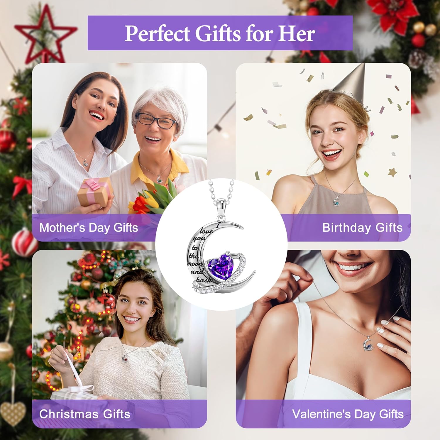 Distance Valentine's Day Gift I Love You to The Moon and Back Necklace for Women, S925 Sterling Silver Forever Love Heart Birthstone Necklace, Anniversary Birthday Jewelry Gifts for Her Wife Lover - Image 6