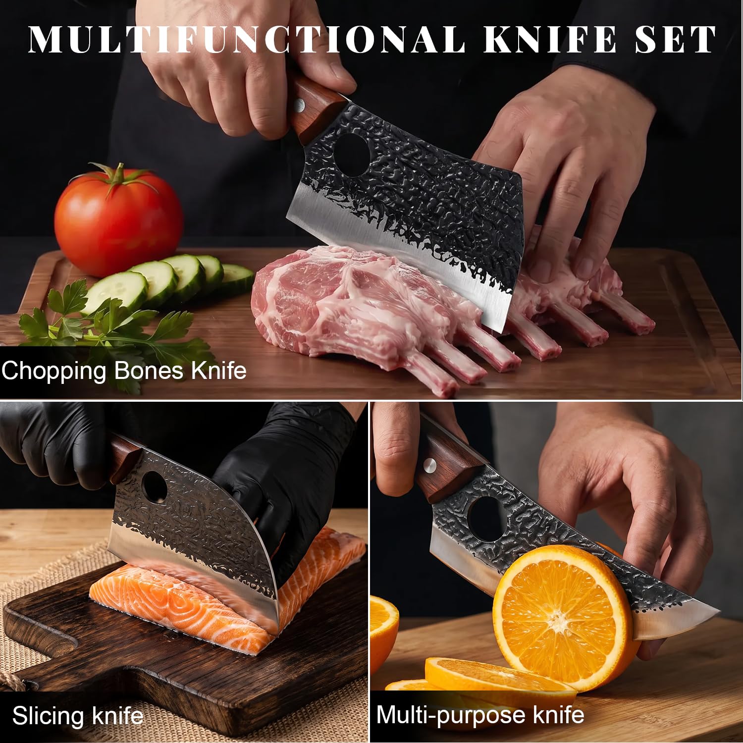 MOSFiATA Juego de Cuchillos de Carnicero Set Cuchillos de Cocina con Bolsa | Acero de Alto Carbono, Cuchillo Chef Serbios, Cuchillo Hueso, Cuchillo Vikingo, Bolsa Enrollable, para Carnicería Restaurante