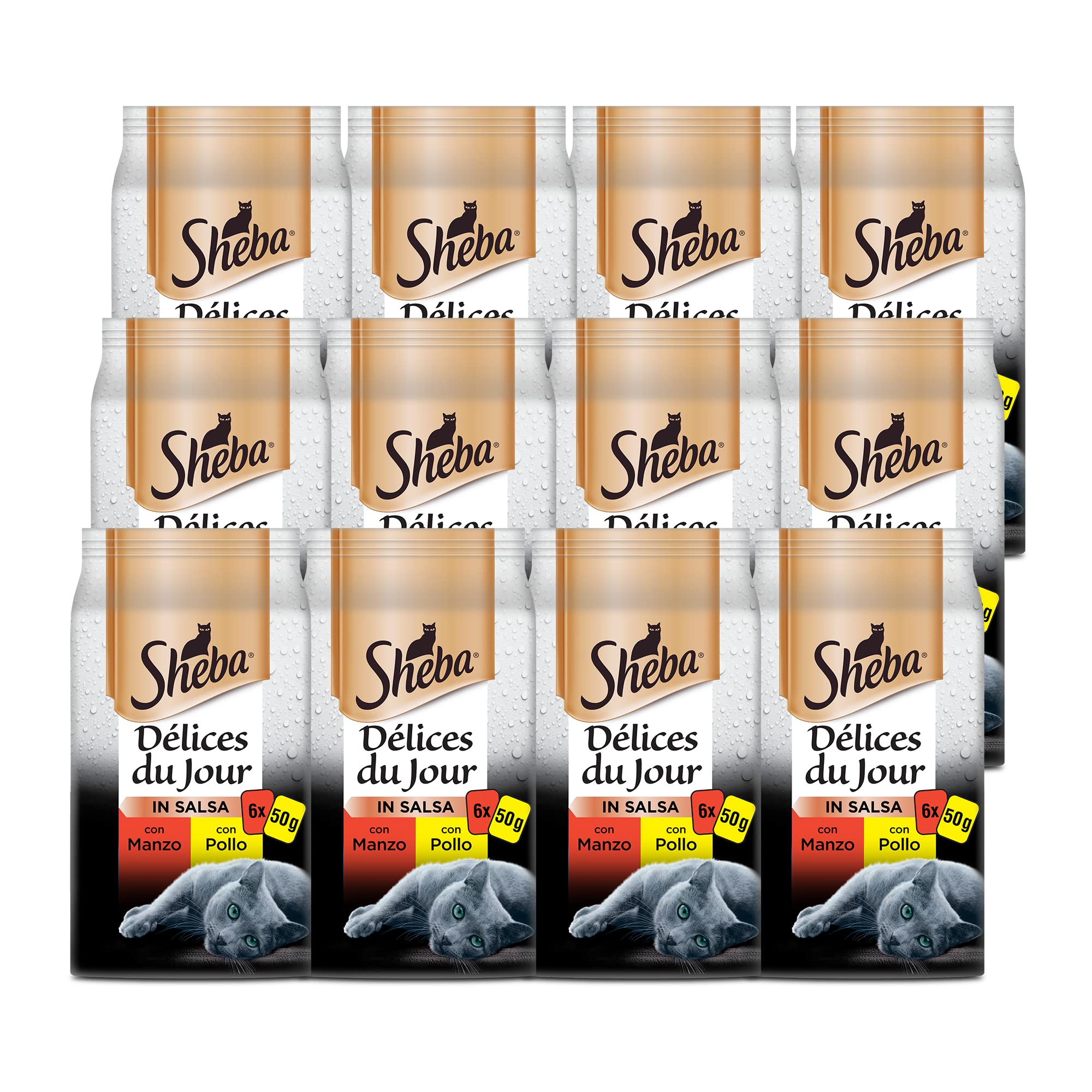 Sheba Délice Du Jour Cibo Umido per Gatti con Manzo e Pollo in Salsa, 12 Confezioni da 6 Bustine x 50 g ognuna: Totale 3600 g