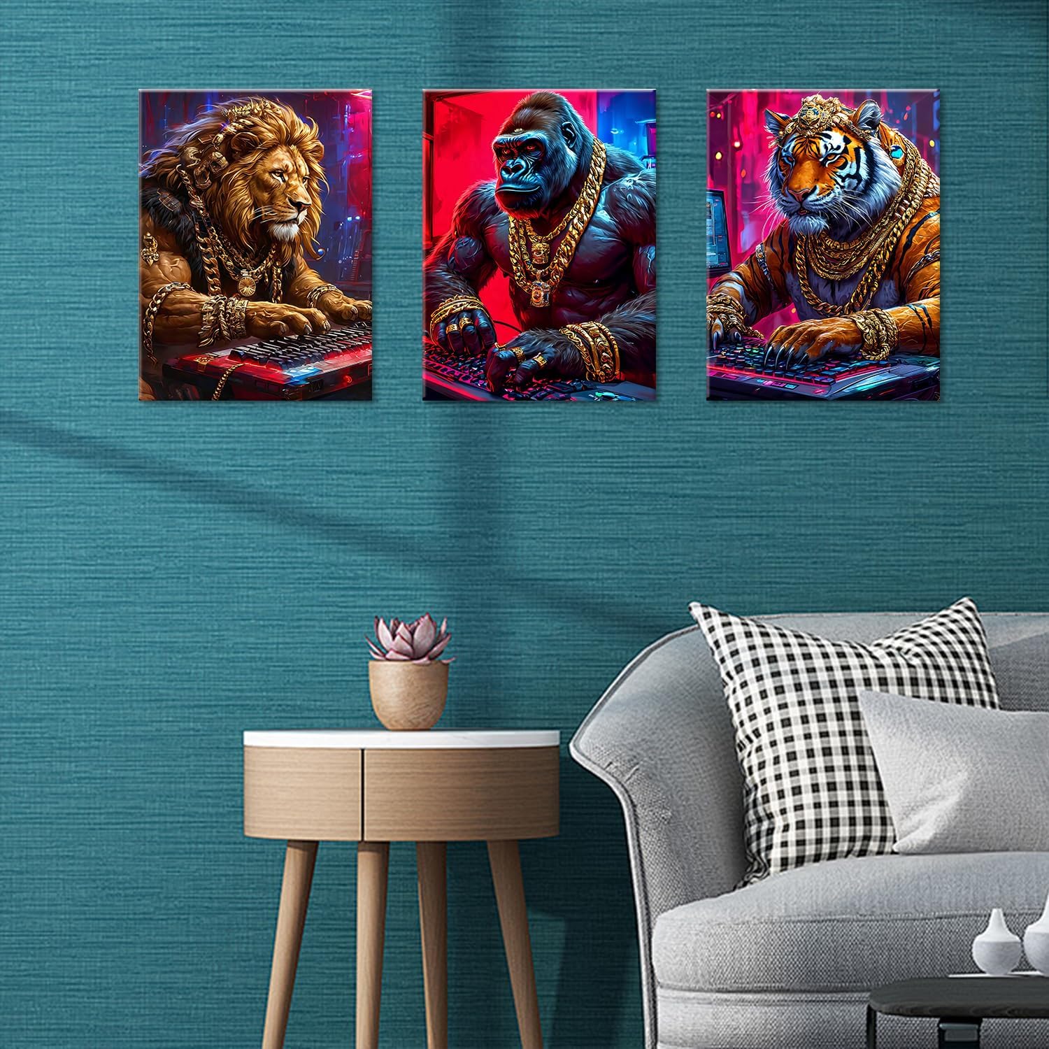 Animal & Tech-Inspired Wall Art Prints-Vibrant Tiger,lions Gorilla & Game Design Poster,Cyberpunk neon Electronic Game Style Painting Canvas Picture,for Boy Teen Men Bedroom Playroom, Framed 12X16inX3