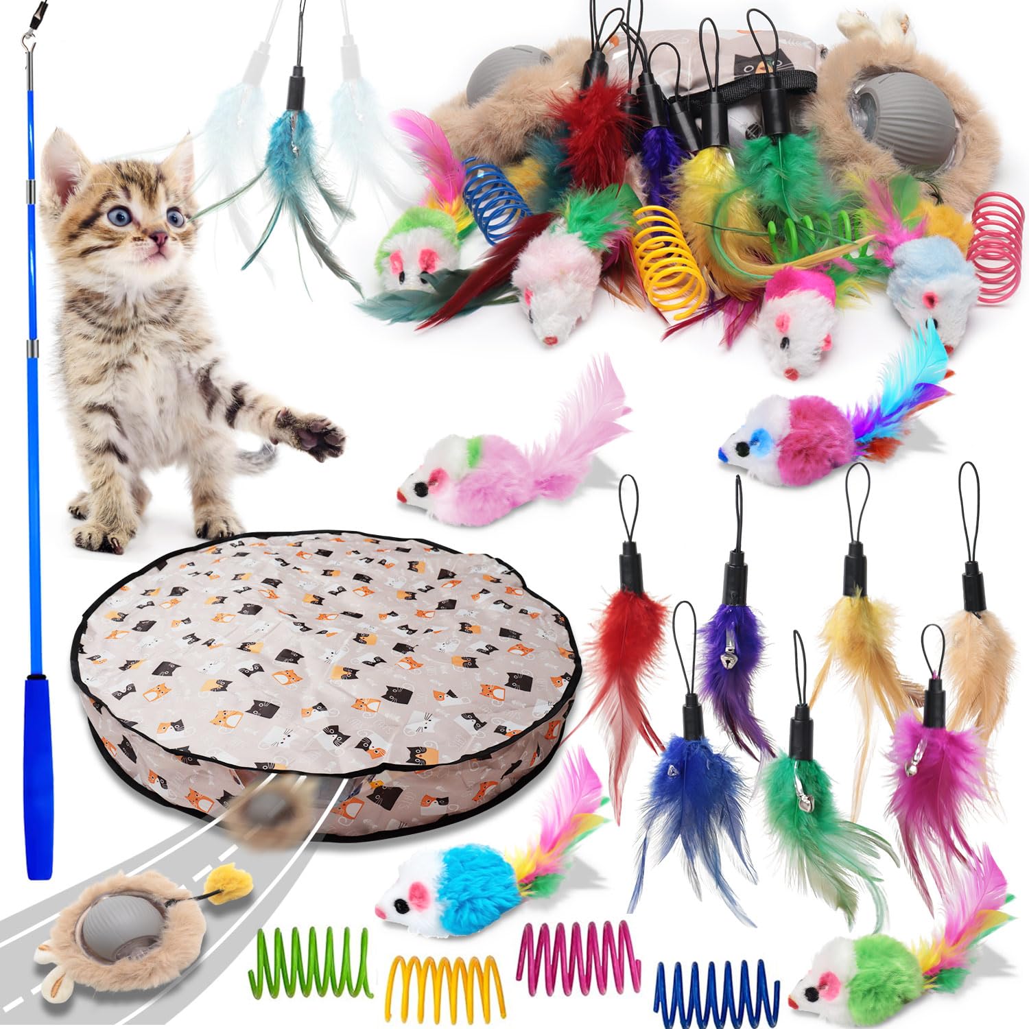 WOWF Cat Toys Pack, Interactive Cats Toys for Indoor Cat, Speedy Tail 2.0 Cat Toy, Teaser Feather Mouse Toy for Kittens (20PCS)