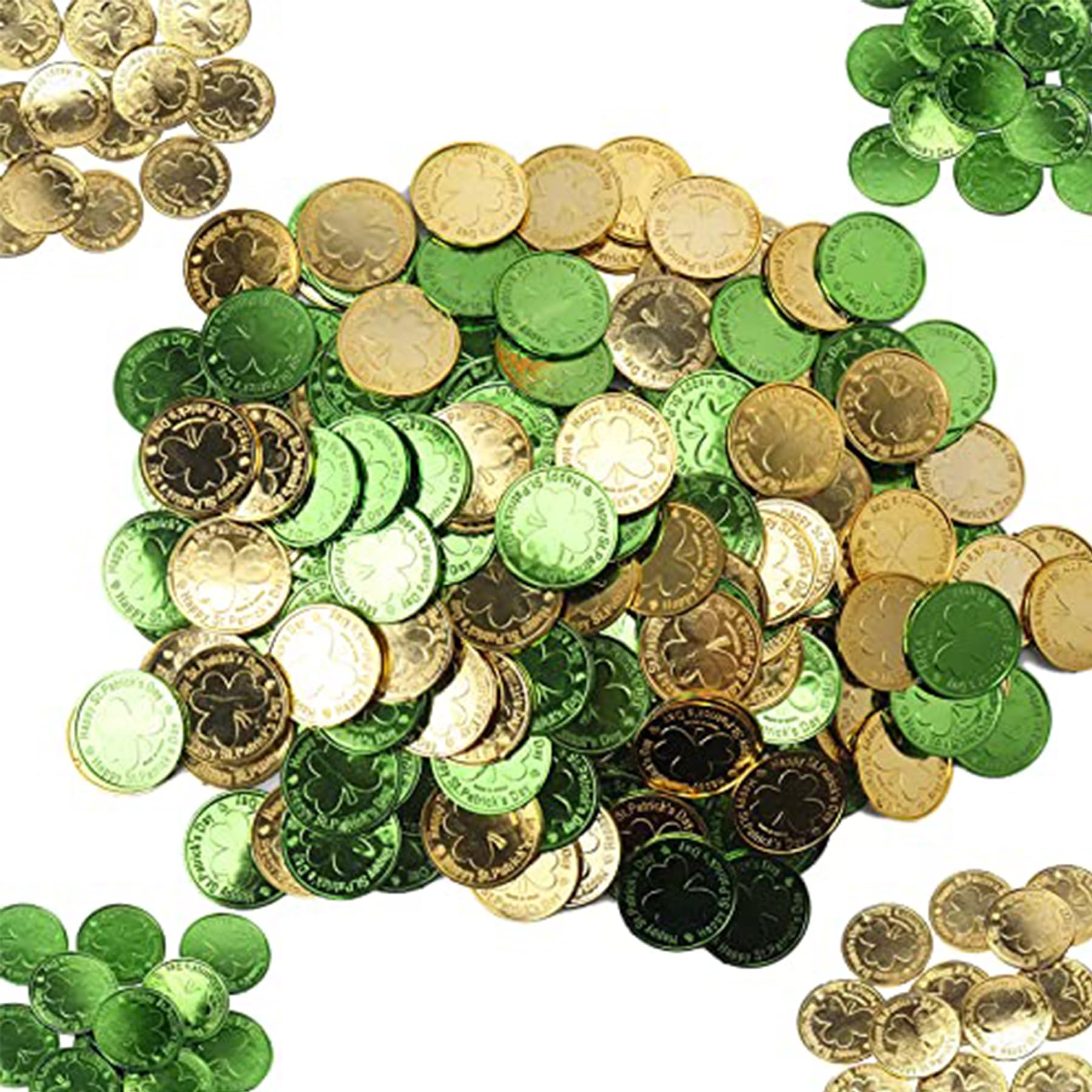 Artong 120 Pieces St. Patrick's Day Gold Green Coins Plastic Lucky Coins Shamrock Leprechaun Coins for St. Patrick's Day Party Decoration Favors and Table Sprinkles (120 PCS/Gold+Green)