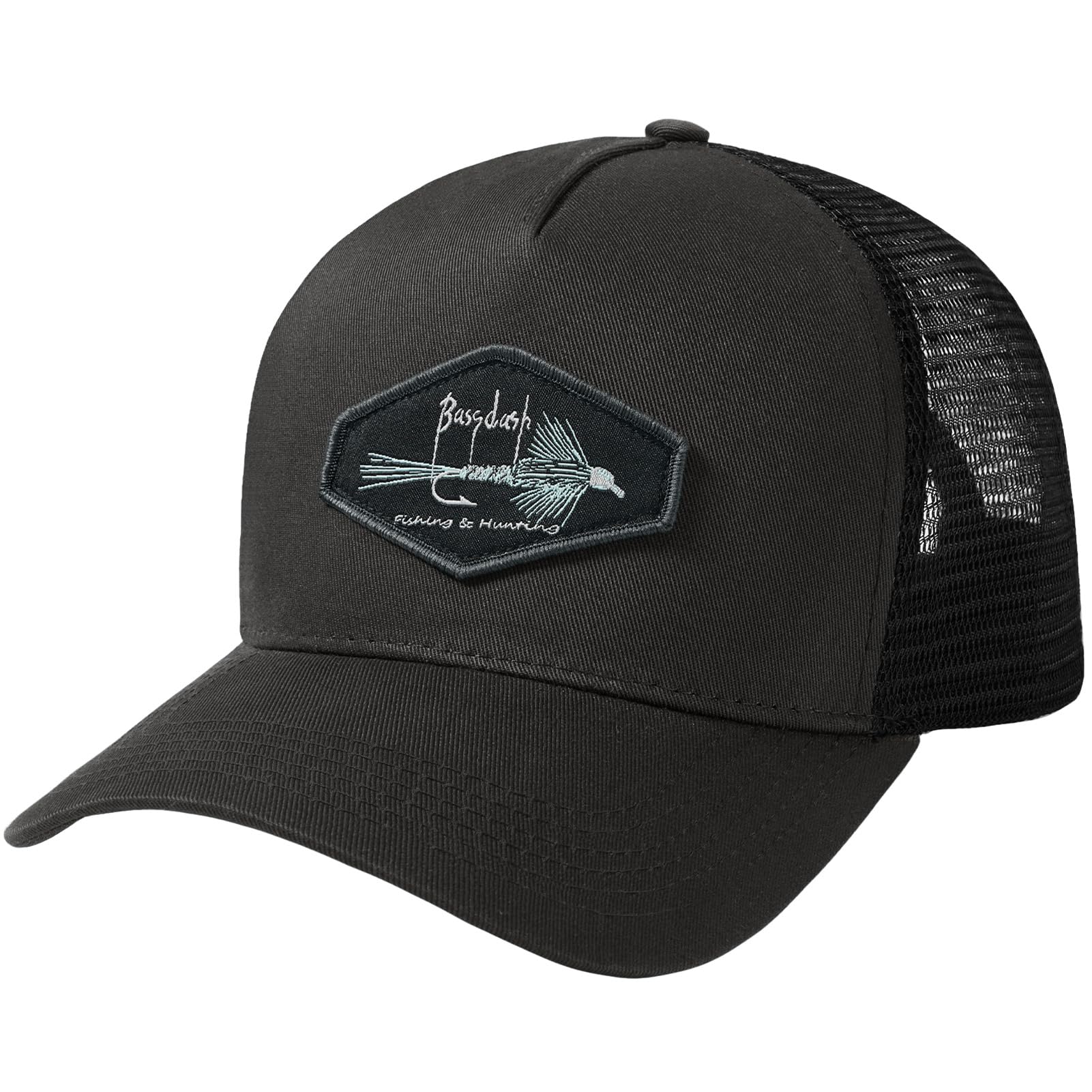 BASSDASH Cappello da camionista ricamato Patch regolabile Baseball Cap Mesh Back Cappello da pesca