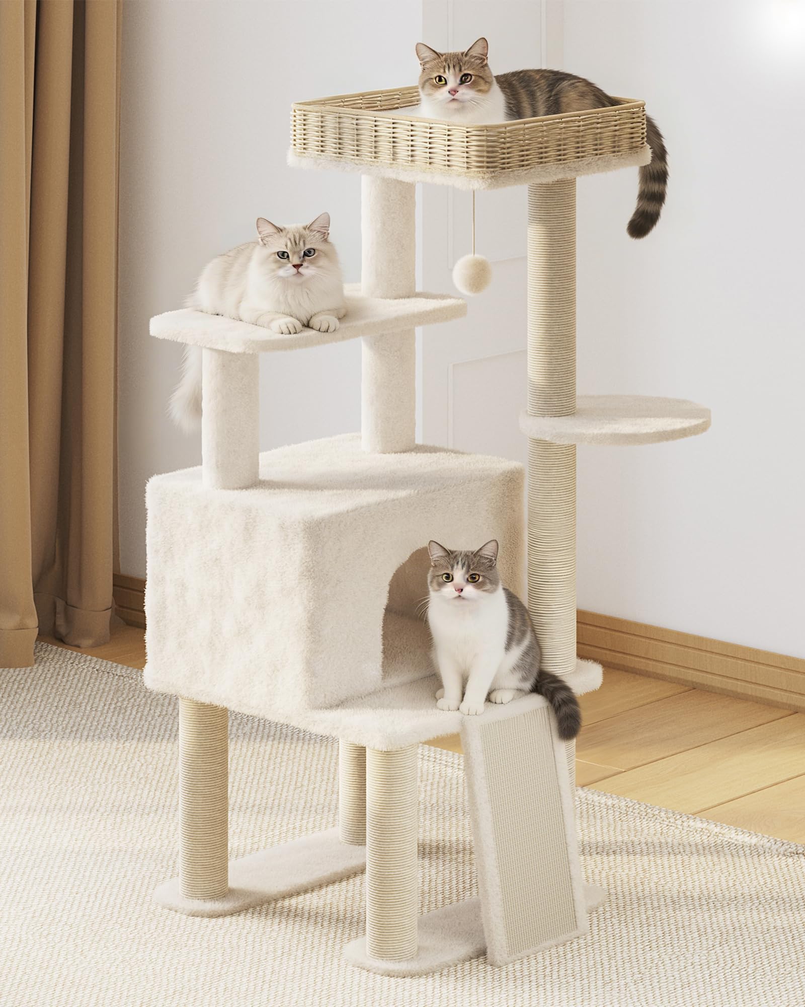 Photo 1 of [Missing Hardware] Modern Cat Tree, 50.2 Inches Multi-Level Cat Tower with Rattan Cat Condo, Sisal Posts & Scratching Board for Indoor Cats, Kittens and Adult Cats