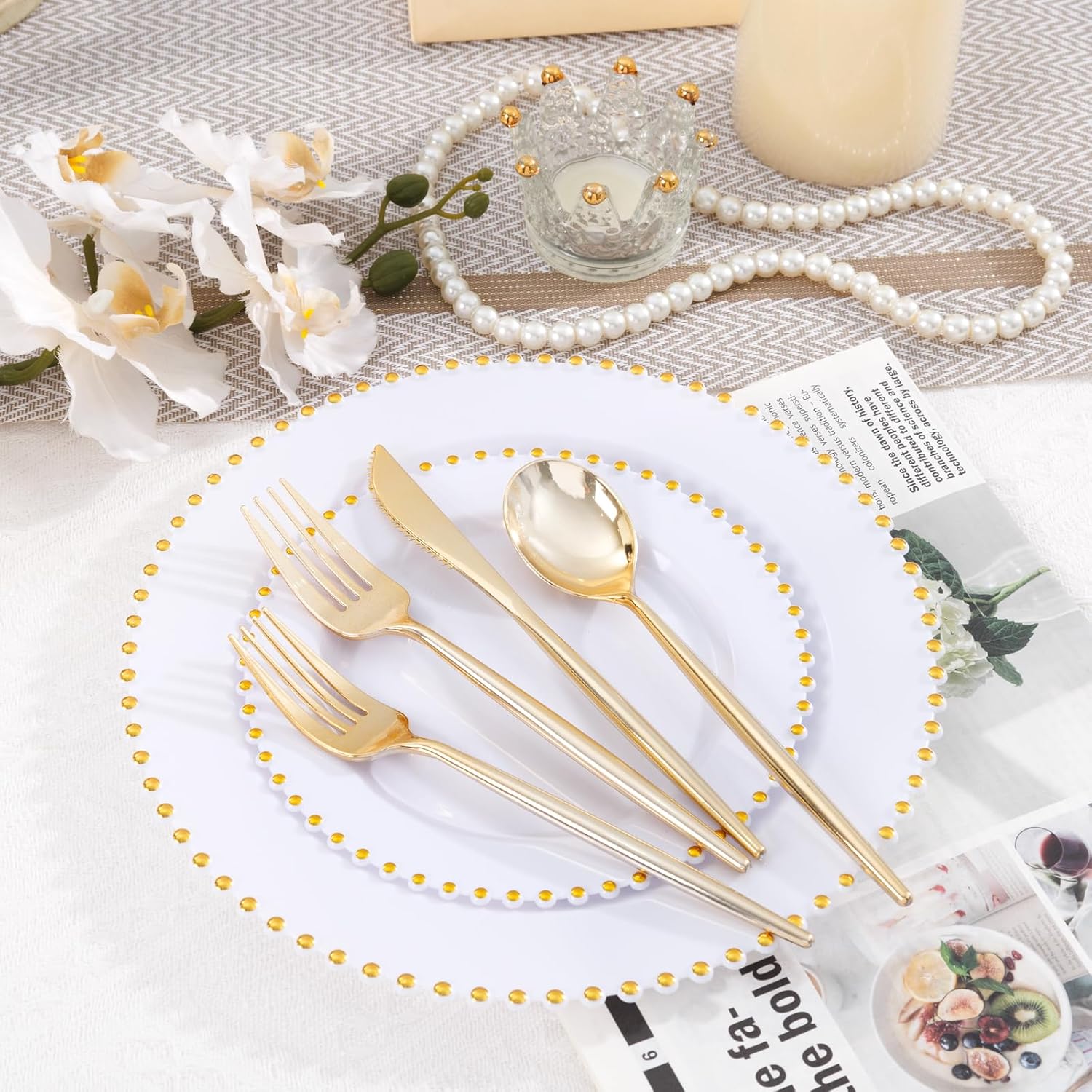 LIYH 150 Pcs White and Gold Plastic Plates - Elegant Disposable Gold Plastic Dinnerware set Include Dinner & Dessert Plates Cups for Birthday Party Wedding 30 Guests