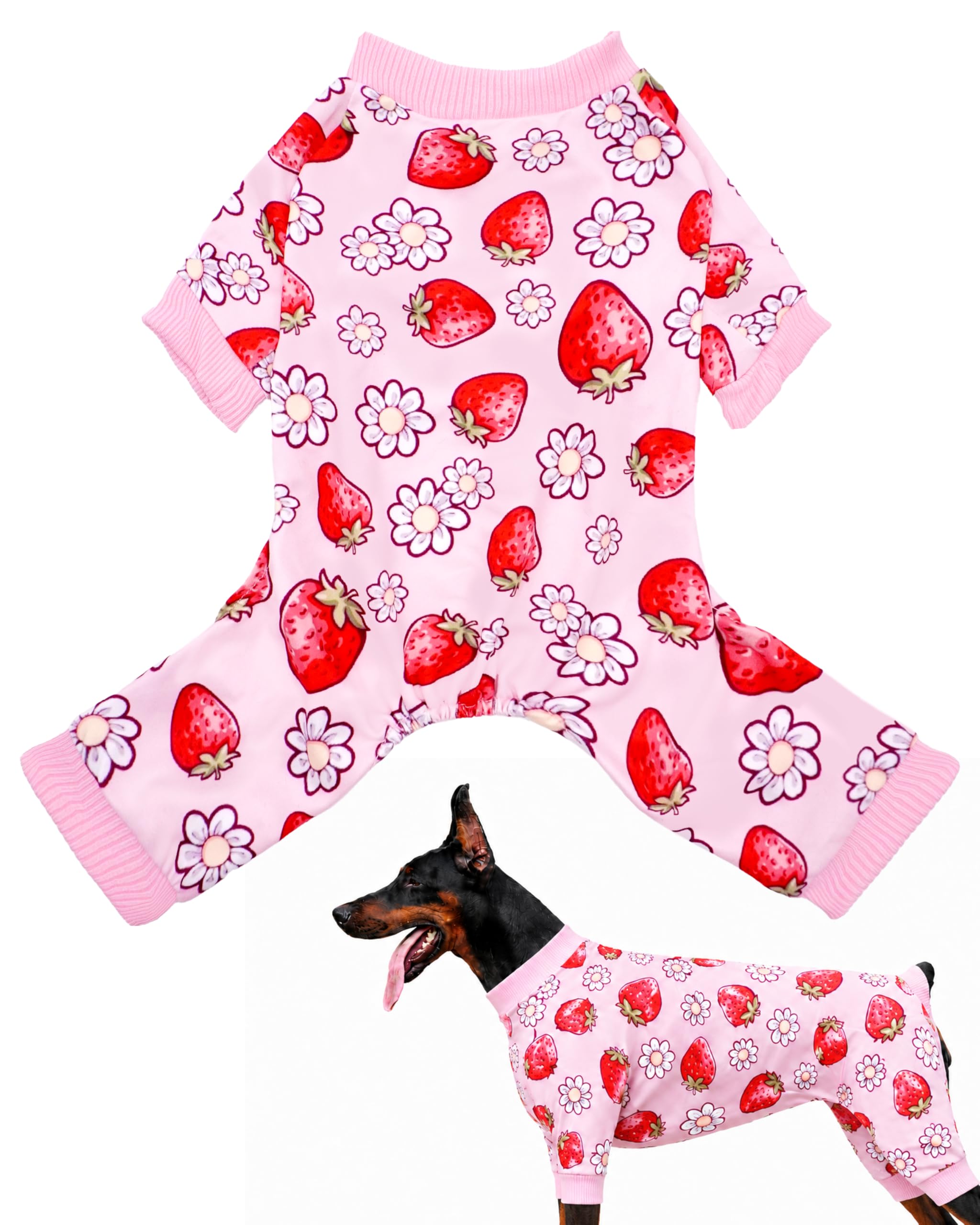 BIPY Dog Pajamas Milk Silk Fabric Breathable and Comfortable Elastic Dog Daily Clothes with Neckline Contraction to Prevent Hair Loss Cute and Elegant Strawberry Pet Home Clothes，3XL