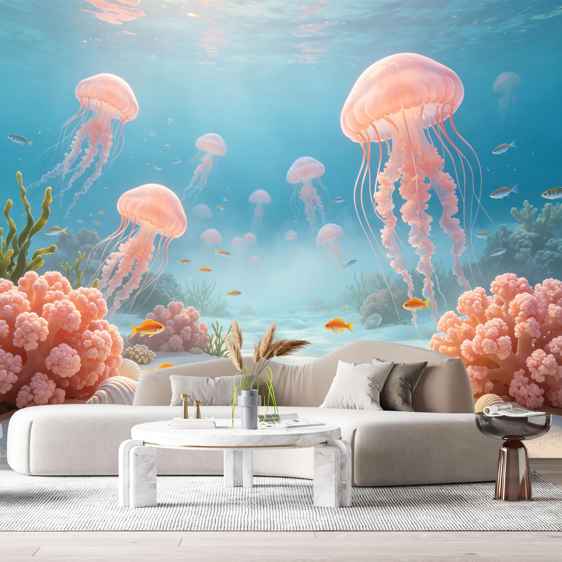 Custom Size Wall Murals Ocean Marine Jellyfish Coral Reef Watercolor SelfAdhesiveWall Fabric Removable Wallpaper Wall Decor for Living Room Bedroom Bathroom