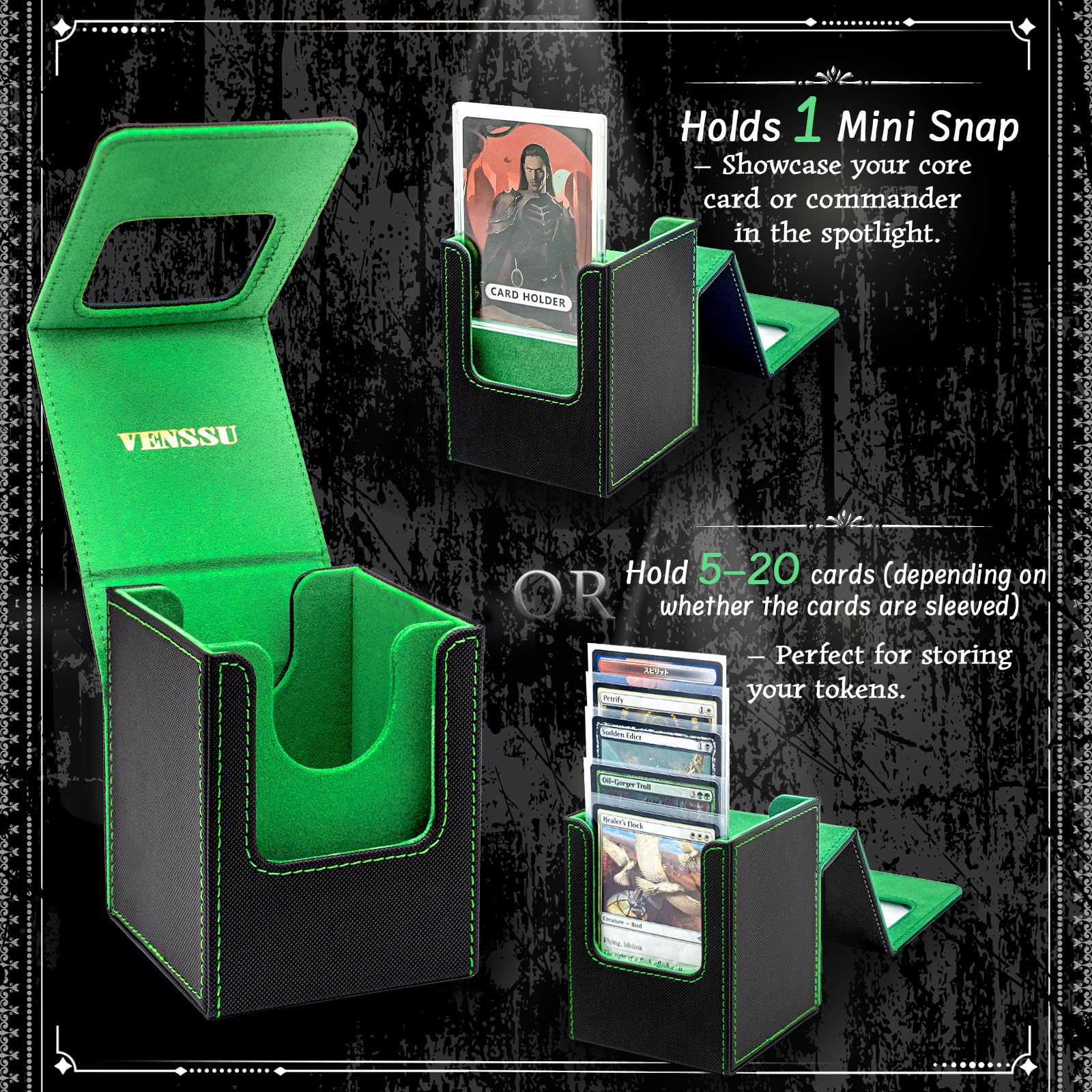 Venssu MTG Deck Box with Front-Facing Commander Display, Card Deck Case Fits 100 Single Sleeved Cards, PU Leather Magnetic Tcg Storage Box with 2 Dividers, 100% UV Protect Mini Snap (Black and Green)