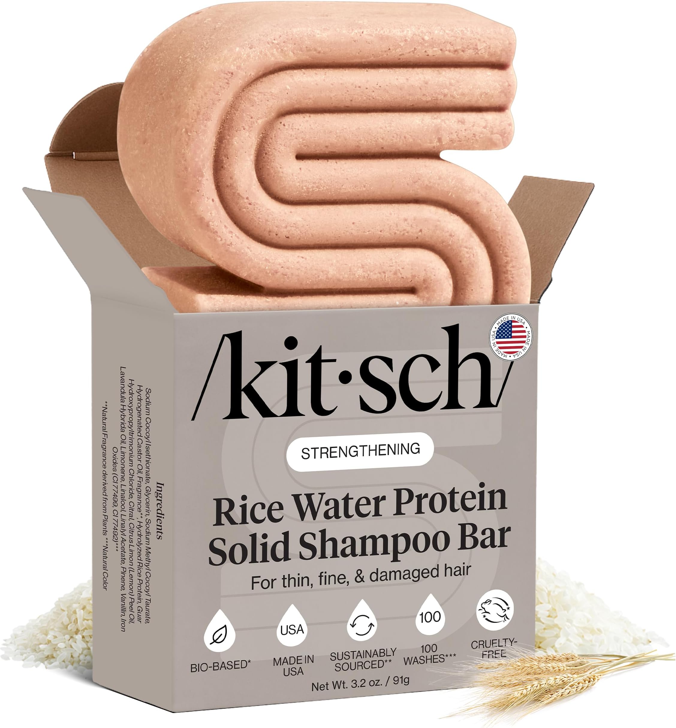 Kitsch Rice Water Shampoo Bar for Hair Growth – Strengthening Hair Shampoo for Men and Women – Reduce Breakage, Boosts Shine – Paraben, Silicone & Sulfate-Free, Vegan Hair Care - 3.2 oz