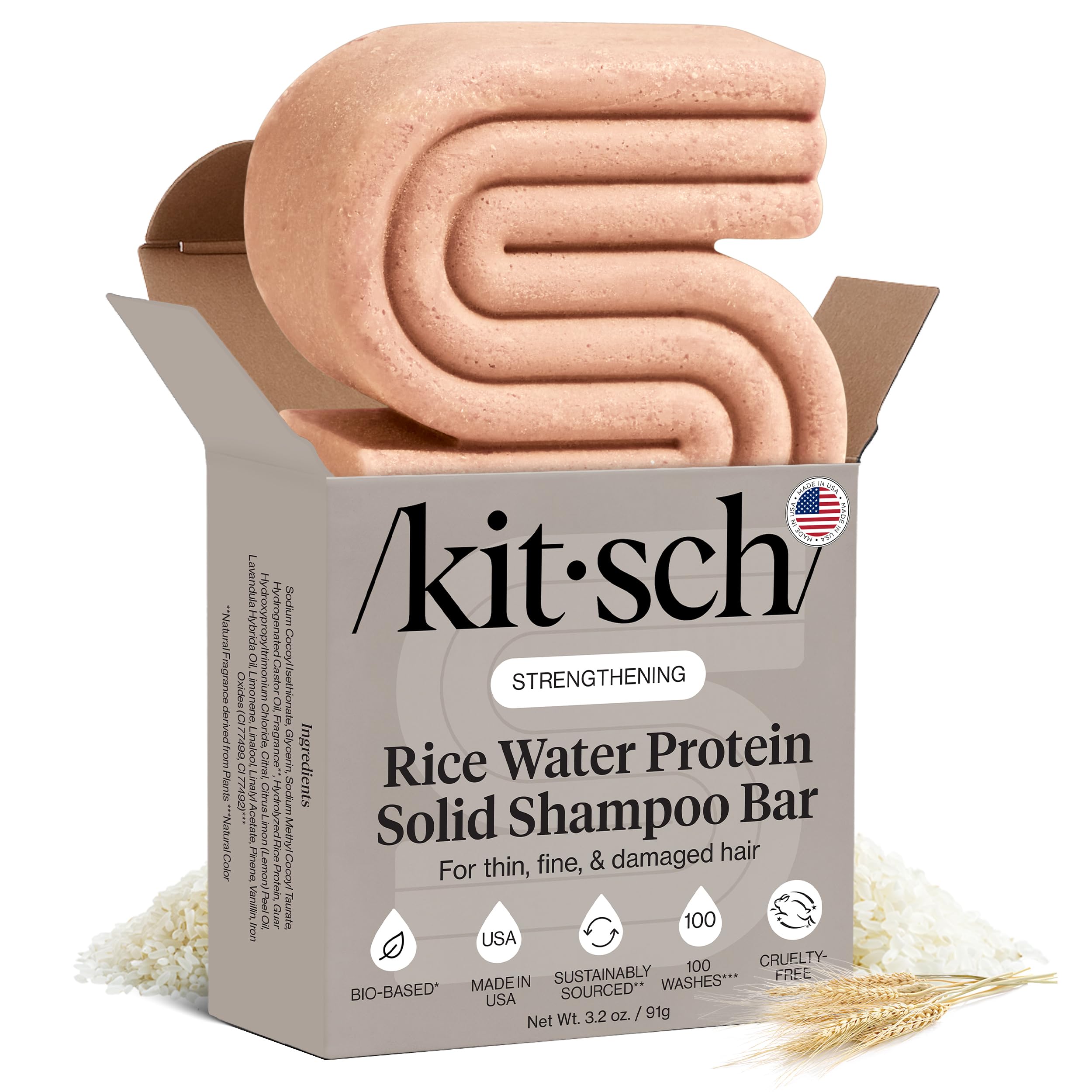 Kitsch Hair Growth | Rice Shampoo Bar for Strengthening | Helps Dry Hair | Made in US | All Natural | Moisturizing | Vegan Solid Shampoo Bar for Hair | Rice Water Shampoo Bar | Zero Waste, 3.2 oz