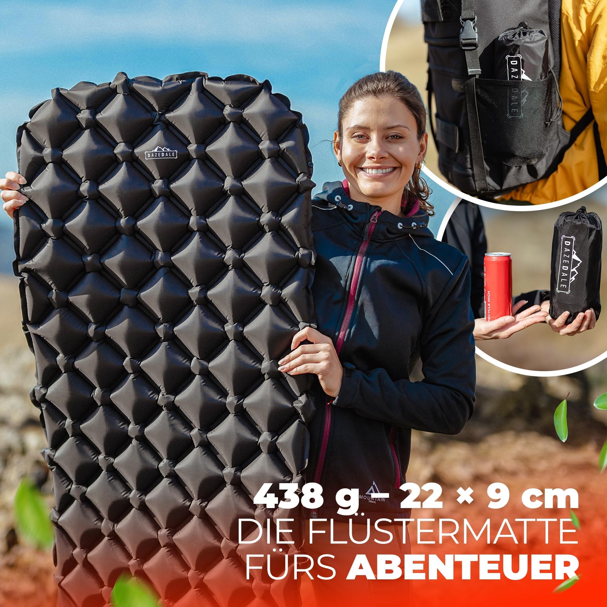 Isomatte Camping [Luftmatratze Ultraleicht mit 438g] Matratze mit Druckknöpfen zum verbinden, Schlafmatte für Outdoor campen | Ultraleichte, geräuscharme Iso-Matte, kleines Packmaß