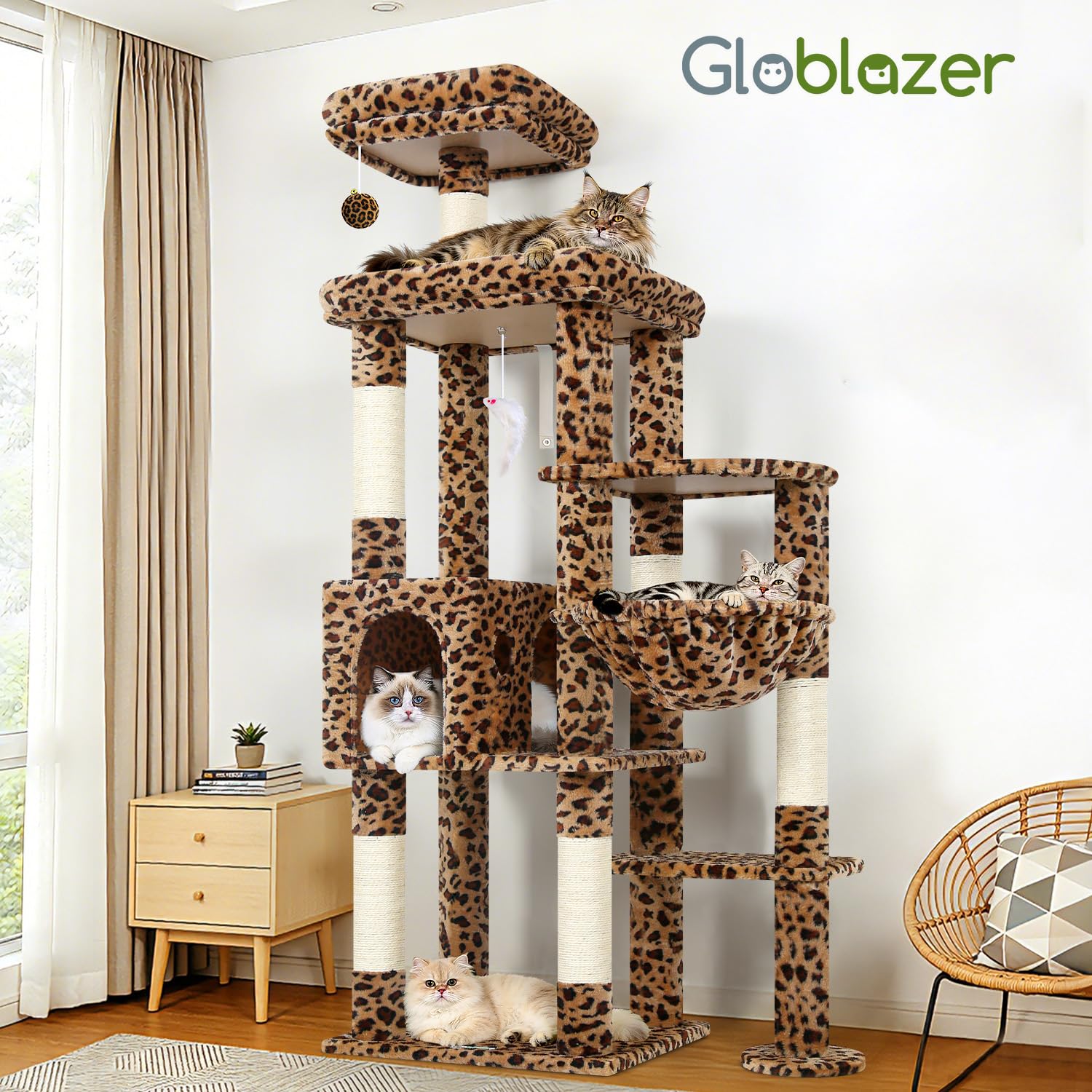 Globlazer Stabilny drapak z wieloma miejscami do leżenia dla 2/3 kotów F65B | Narożny drapak dla dużych kotów, stabilny z platformą do domku dla kotów, łatwe w montażu, dla dużych kotów