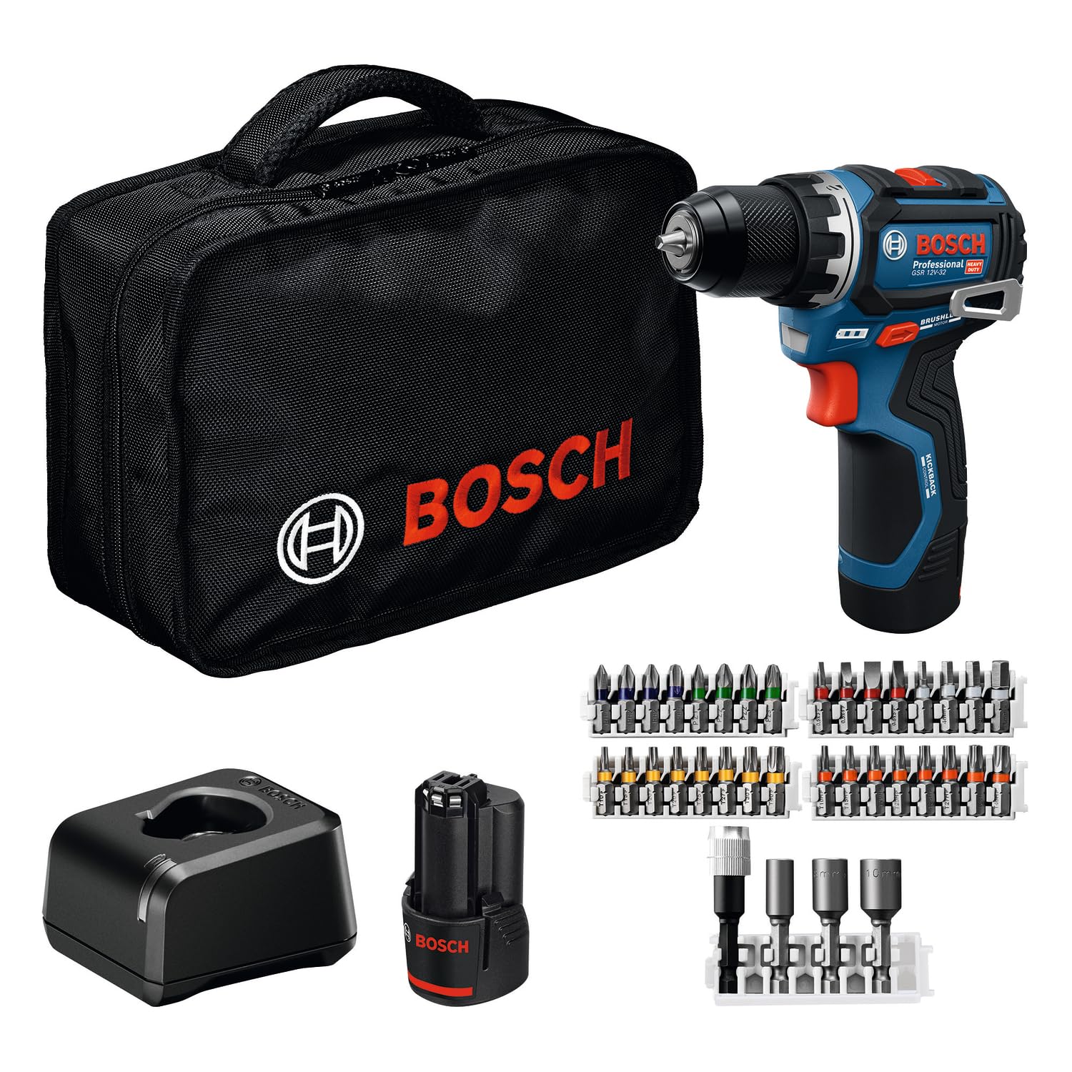 Bosch Professional 12V System Taladro/atornillador a batería GSR 12V-32 (Control Advanced KickBack, motor sin escobillas, incluye batería de 2,0 Ah, GAL12V-20, accesorios, placa Pick-and-Click, bolsa