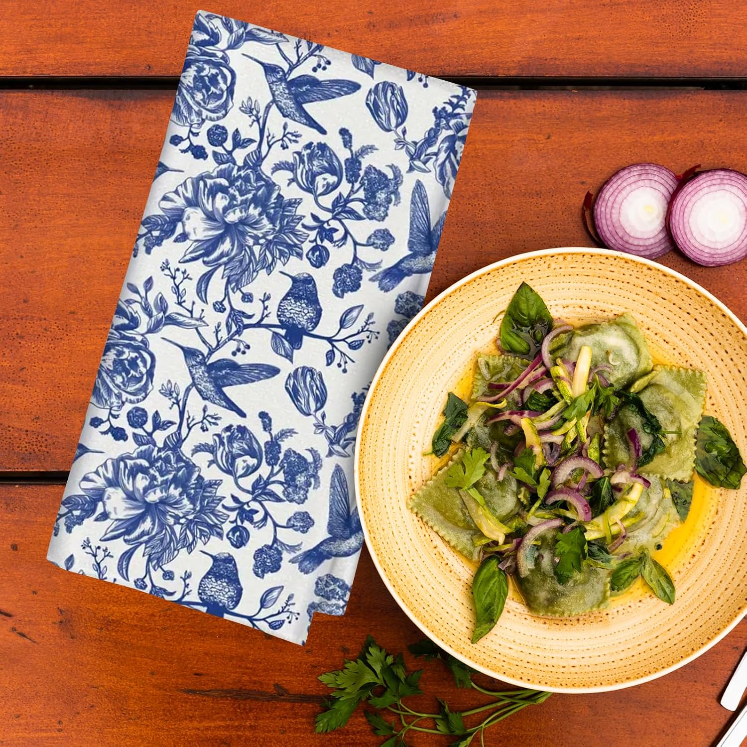 Jolitee Chinoiserie Style Dish Towels – Set of 2, Blue and White Bird & Floral Woven Kitchen Towels, 16x24 Inch, Machine Washable