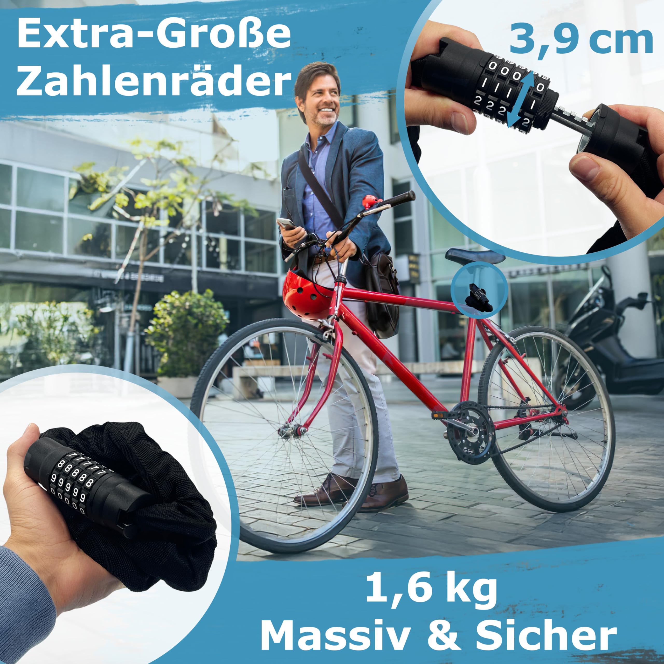 WIDDER Antivol à chaîne sécurisé de 8 mm avec code numérique (120 cm de long, roues à chiffres extra larges, chaîne en acier trempé) – Antivol pour vélo à chiffres haute sécurité – Antivol à
