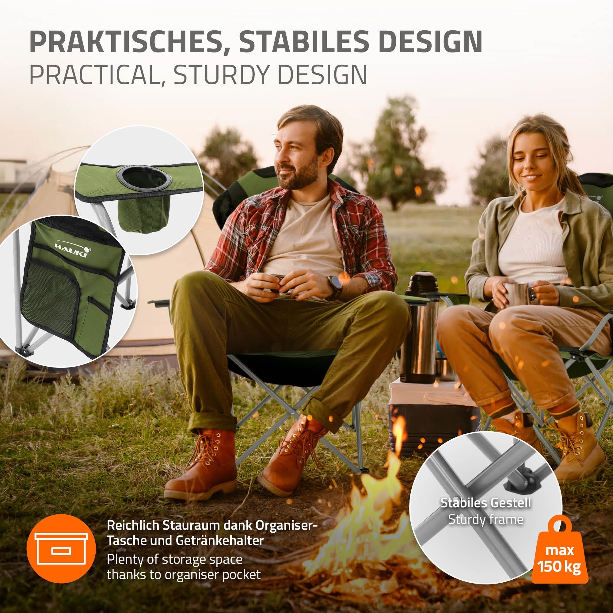 Hauki Set di Mobili da Campeggio 3 Pezzi con Tavolo Pieghevole Beige e 2 Sedie Kaki per 2 Persone con Borsa da Trasporto Struttura in Alluminio con 2x Sedia da Pesca e da Giardino