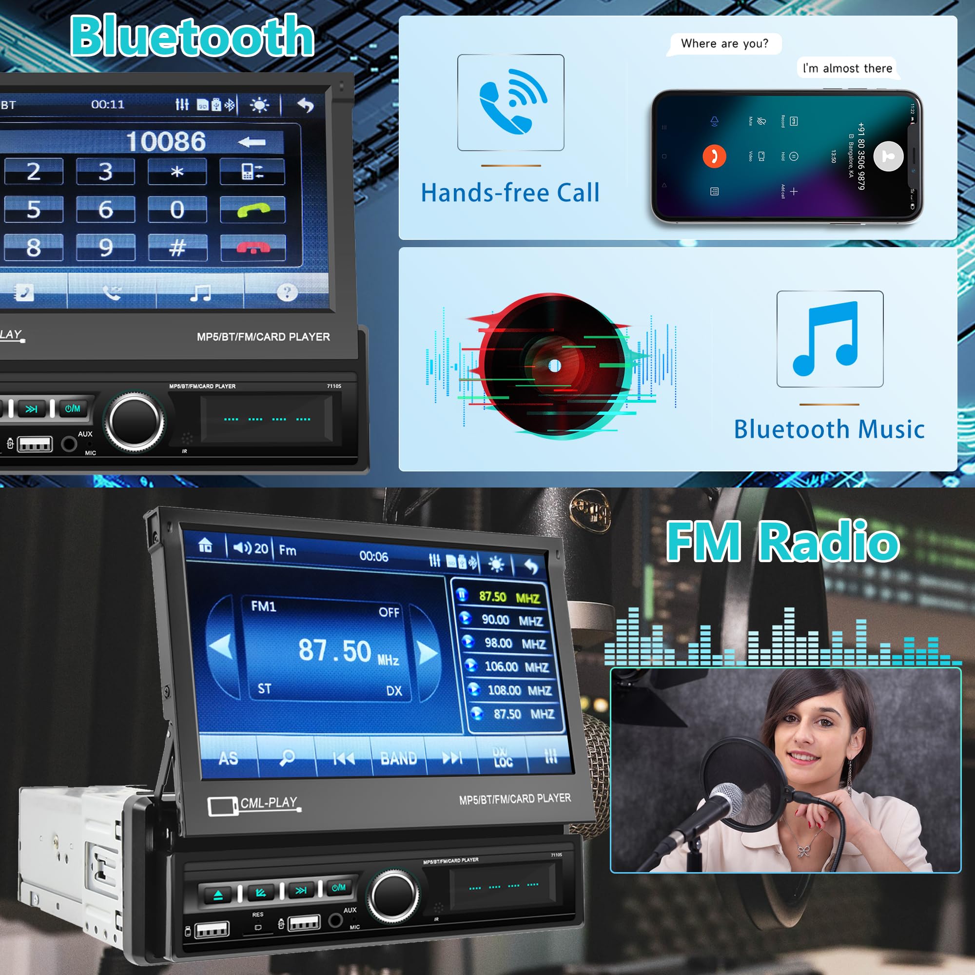 Car radio 1 Din with Bluetooth hands-free IOS/Android Mirror Link 9 inch car radio with touch screen and FM radio USB/AUX/TF/EQ/7 color light steering wheel control rear view camera microphone