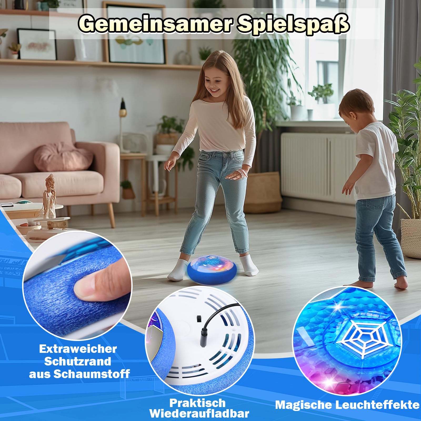 OMWay Air Power - Balón de fútbol para niños, LED Recargable, para Interior, Juguete para niños y niñas, 3, 4, 5, 6, 7, 8-12 años, cojín de Aire Flotante