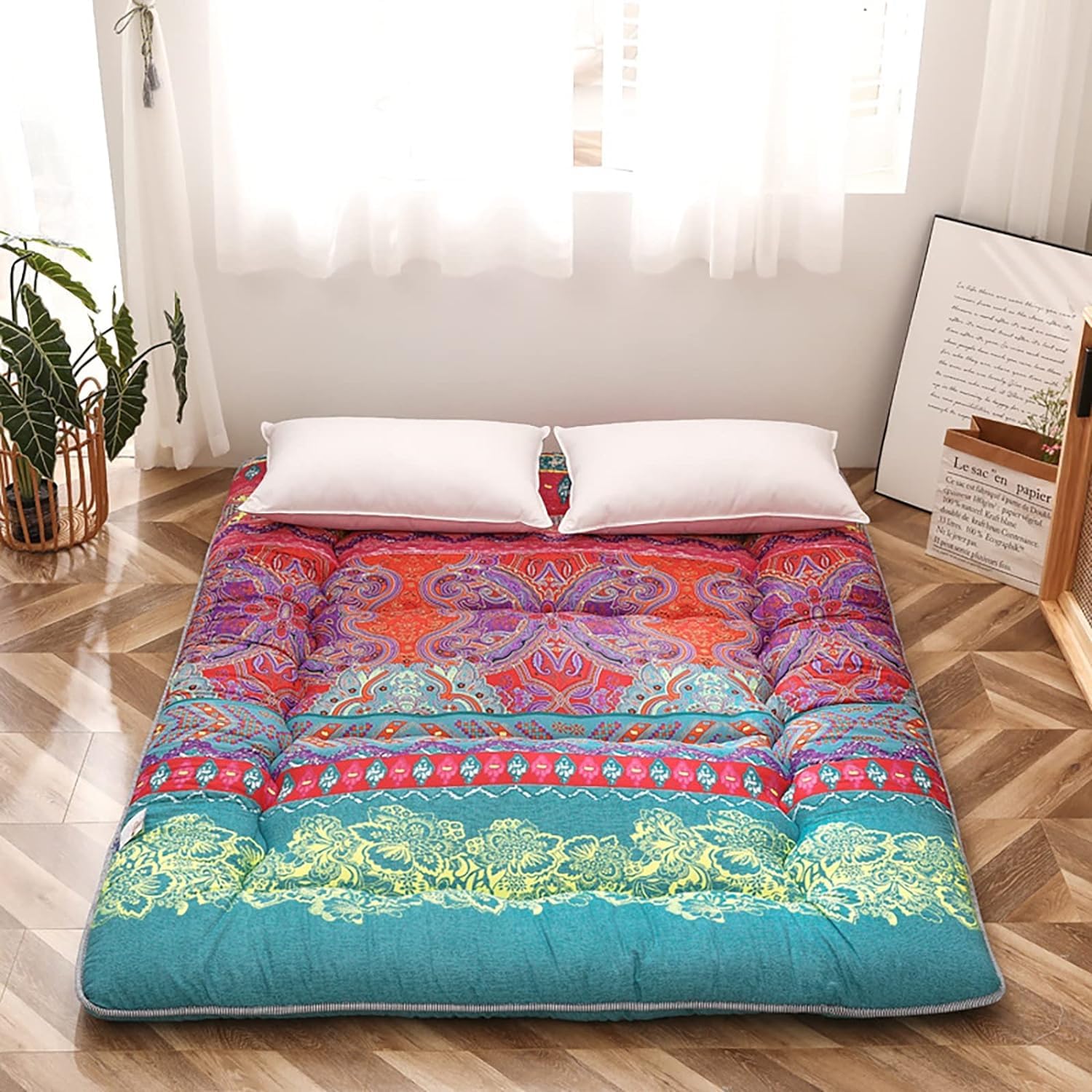 Thicken Bohemian Retro Floor Mattress - Japanese Futon Mattress with Vintage Floral Floor Mat - Portable Roll Up Tatami Sleeping Bed - Perfect Camping Mattress