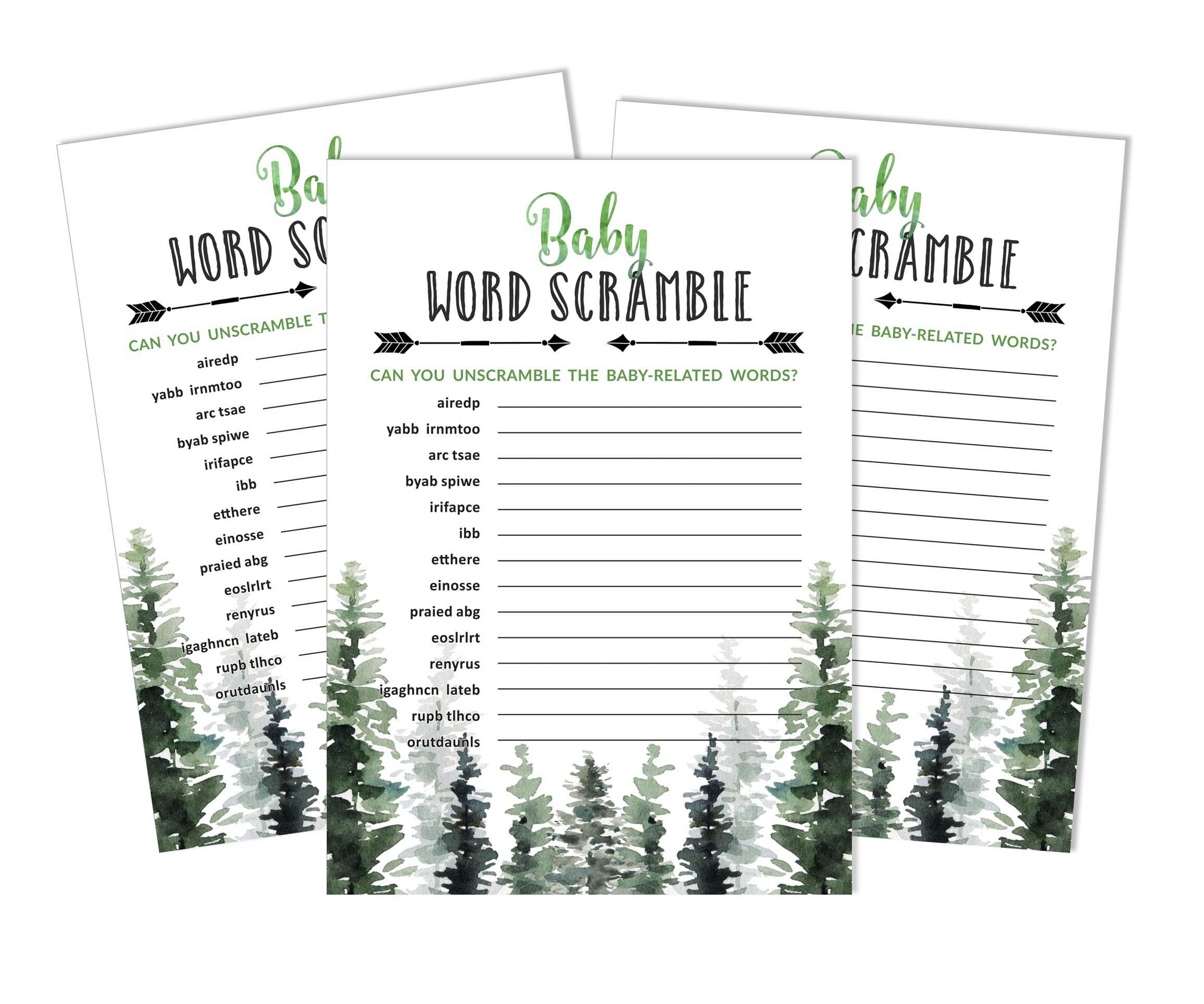 Inkdotpot 50-Pack Baby Word Scramble Baby Shower Game Cards Greatest Adventure Greenery Party Supplies-Fun Baby Shower Game Favors