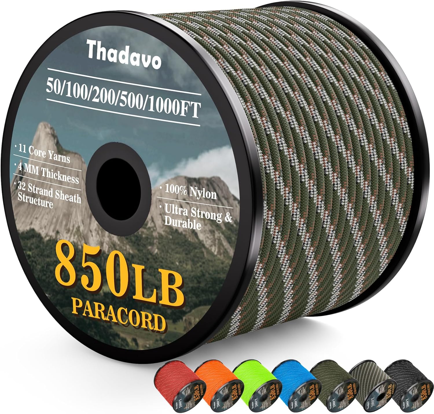850Ib Reflective ParachuteRope, 50/100/200/500/1000ft 4MM 11 Strand Cords, Survival Paracord Rope Tie Down for Crafting, Tent, Camping, Clotheline, Hiking, Fishing, Camo Green 200FT 850Ib Reflective ParachuteRope, 50/100/200/500/1000ft 4MM 11 Strand Cords, Survival Paracord Rope Tie Down for Crafting, Tent, Camping, Clotheline, Hiking, Fishing, Camo Green 200FT