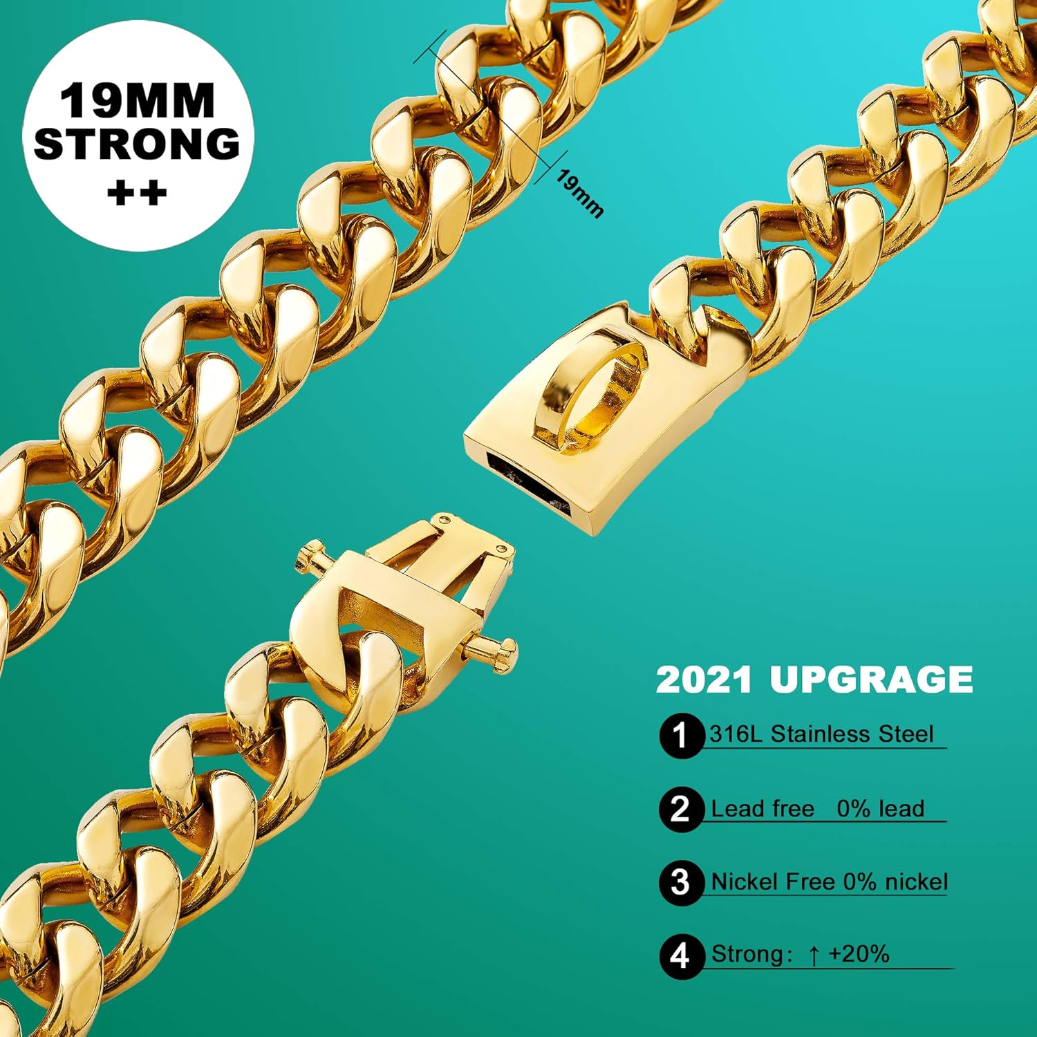 PRADOG Gold Chain Dog Collar Designer Dog Cuban Link Chain Collar with Safty Design Buckle 19mm Metal Stainless Steel Walking Collar(19MM, 14")