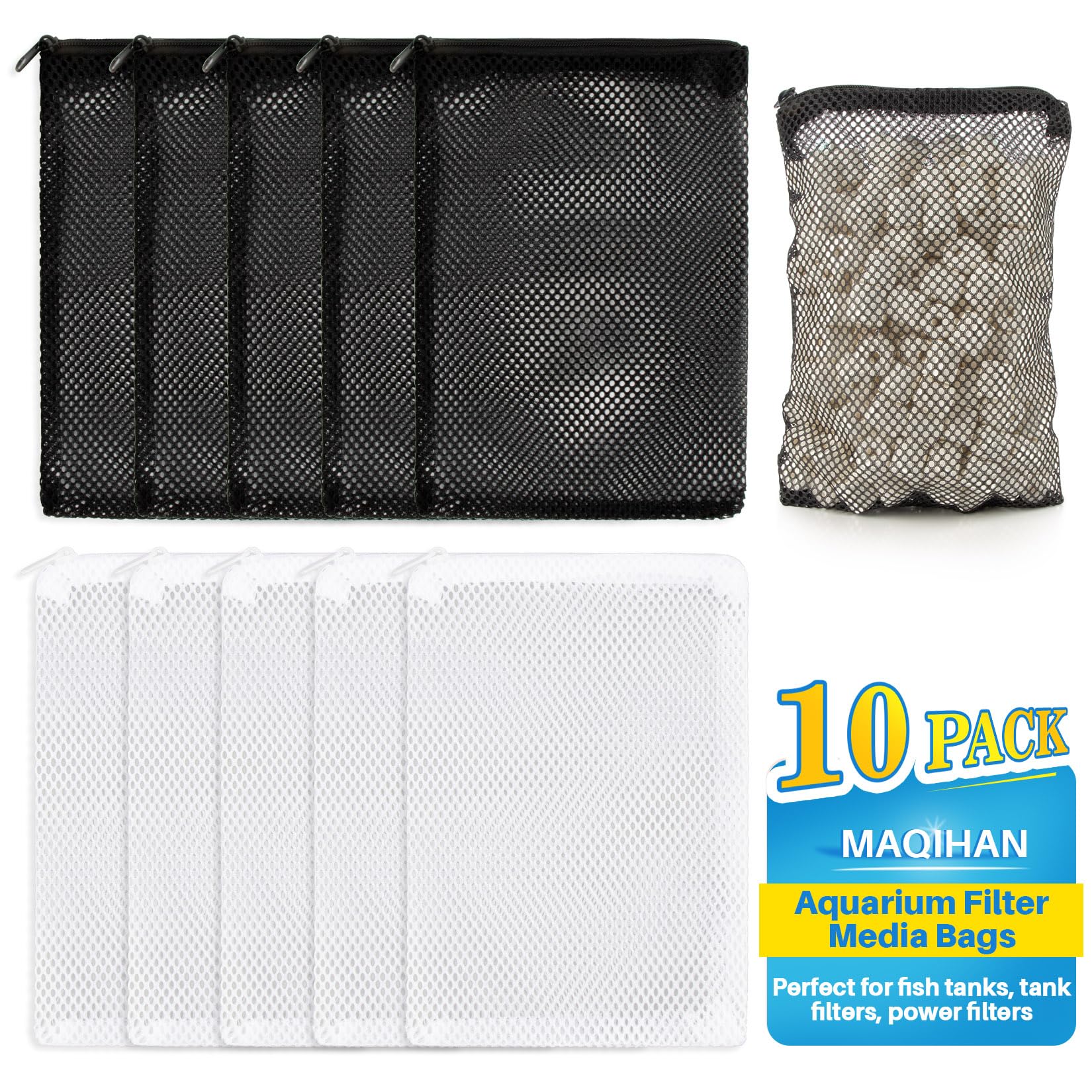 MAQIHAN 10pcs Aquarium Filter Media Bags - Mesh Filter Bags Reusable Bags with Zipper for Activated Carbon Ceramic Rings Filter Balls Fish Tank Pond 5.9 X 7.8 Inch